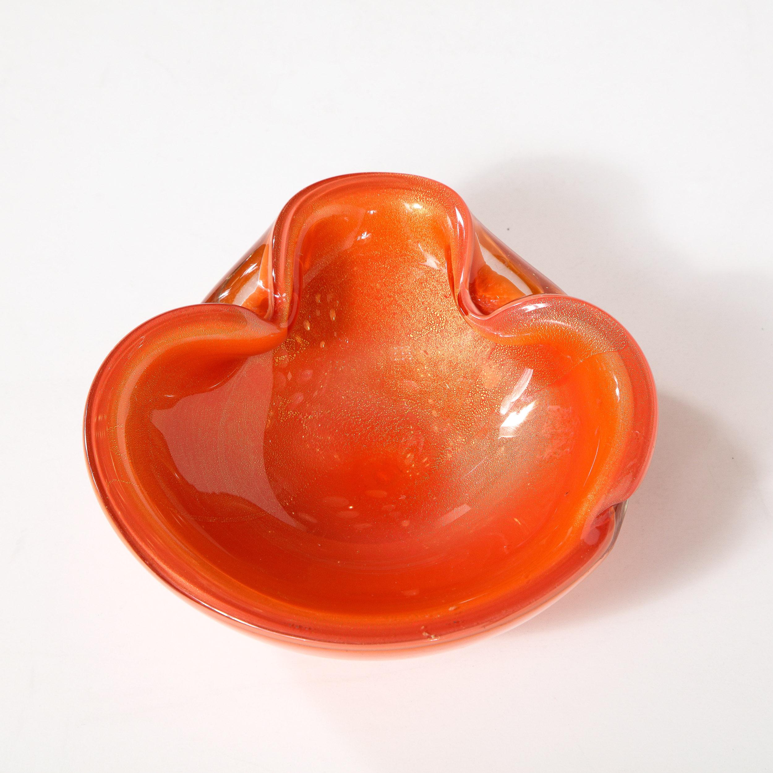 Mid-Century Modern Hand Blown Murano Glass Bowl in Persimmon Hue with 24kt Gold 9