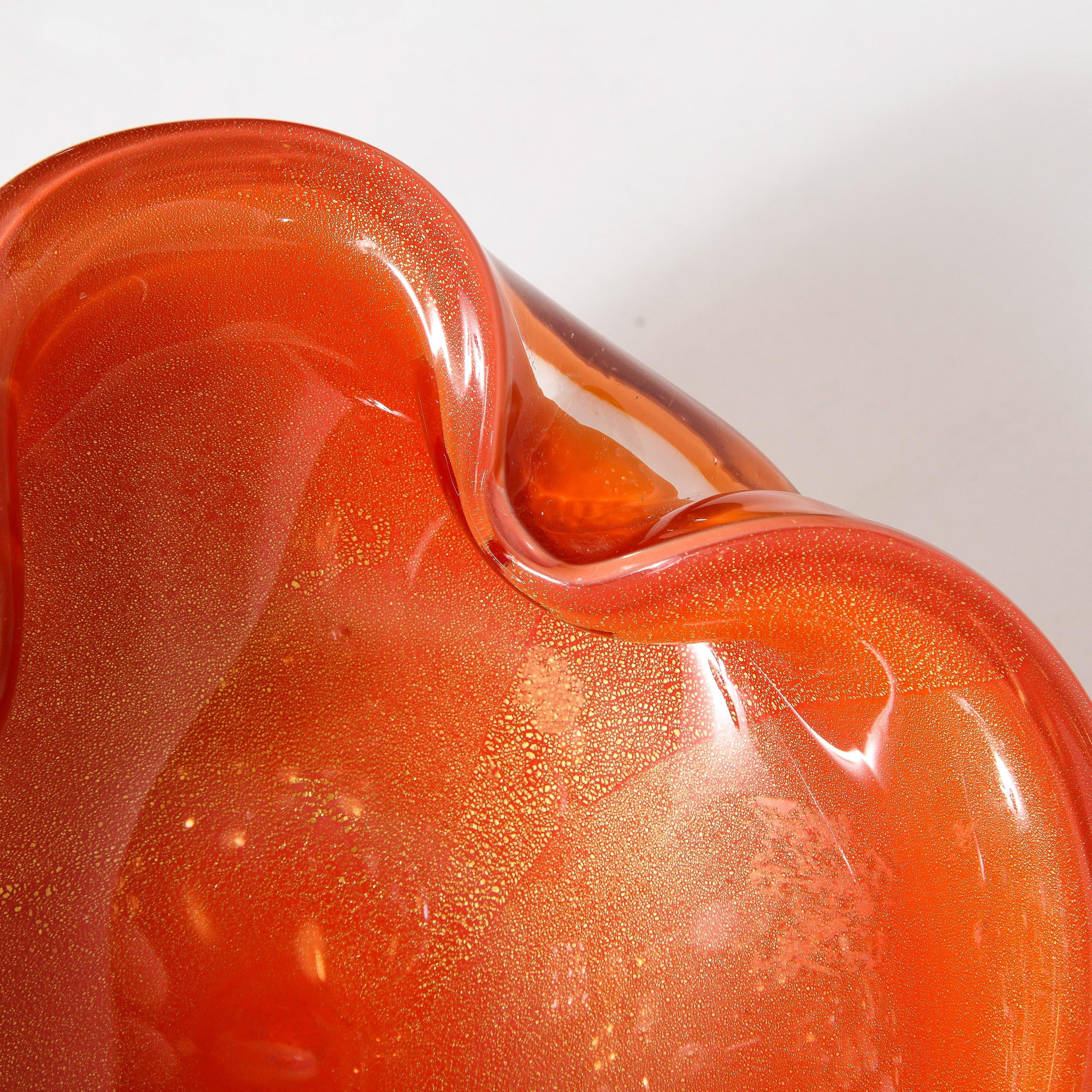 Mid-Century Modern Hand Blown Murano Glass Bowl in Persimmon Hue with 24kt Gold 10