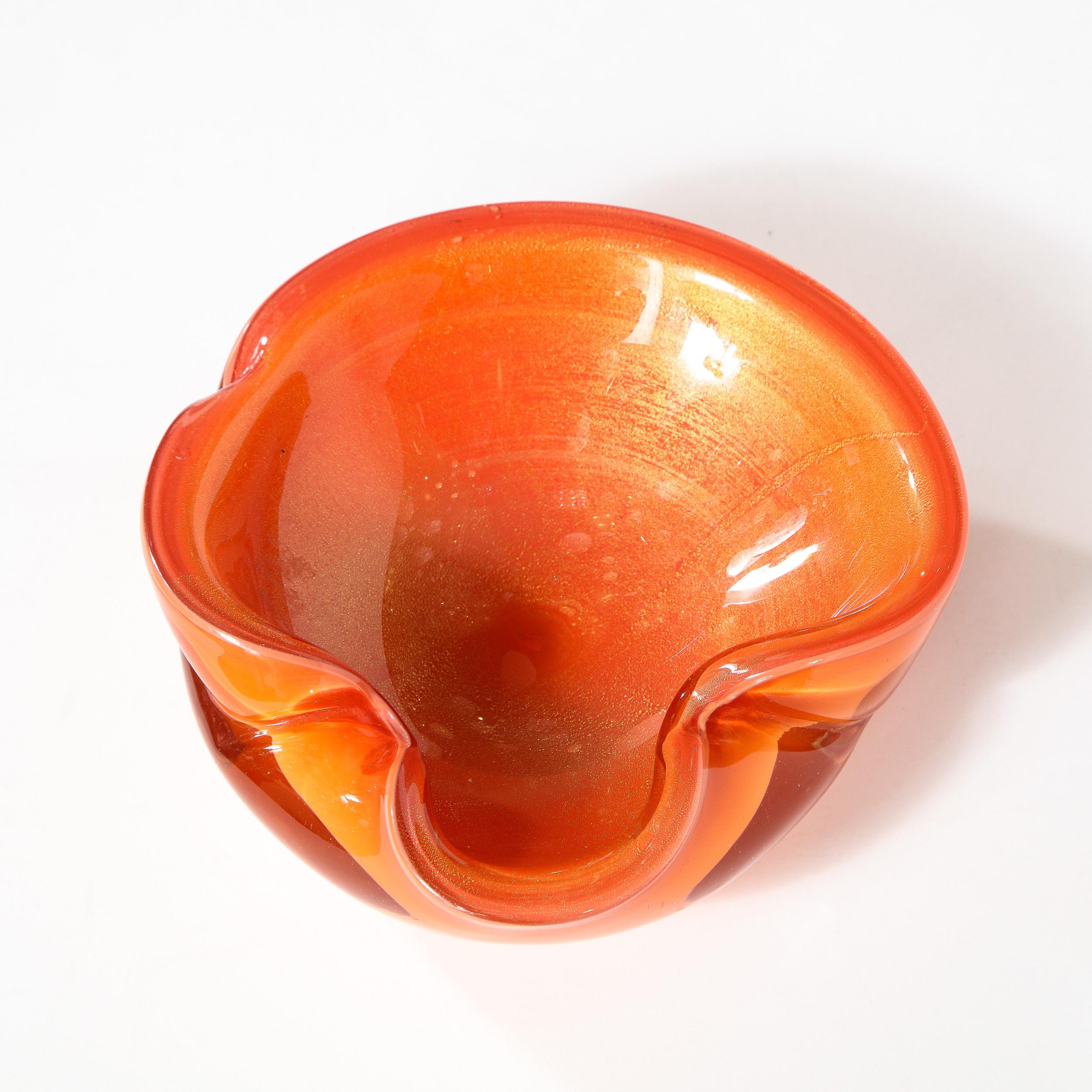 Mid-Century Modern Hand Blown Murano Glass Bowl in Persimmon Hue with 24kt Gold 11