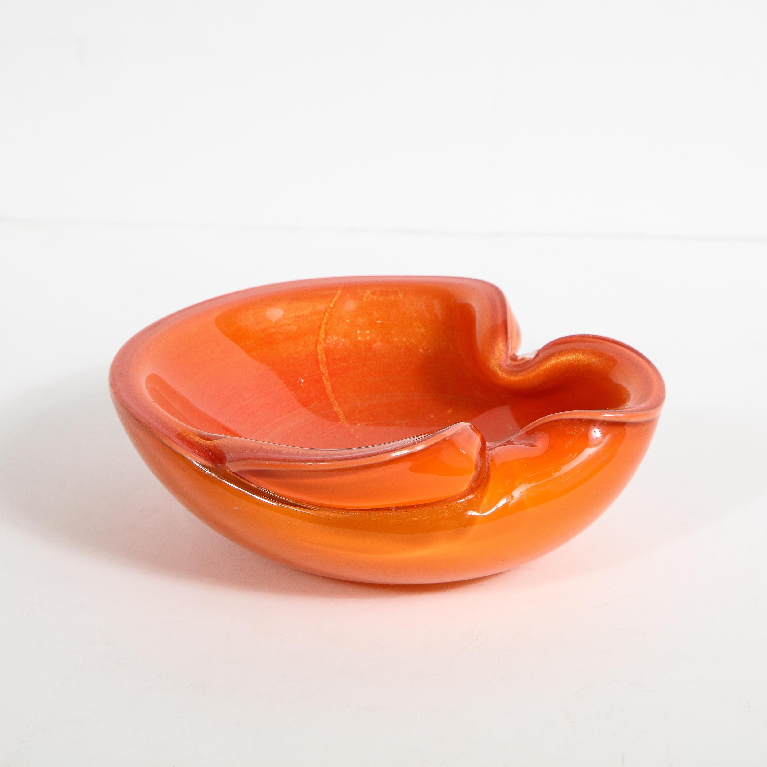 Italian Mid-Century Modern Hand Blown Murano Glass Bowl in Persimmon Hue with 24kt Gold