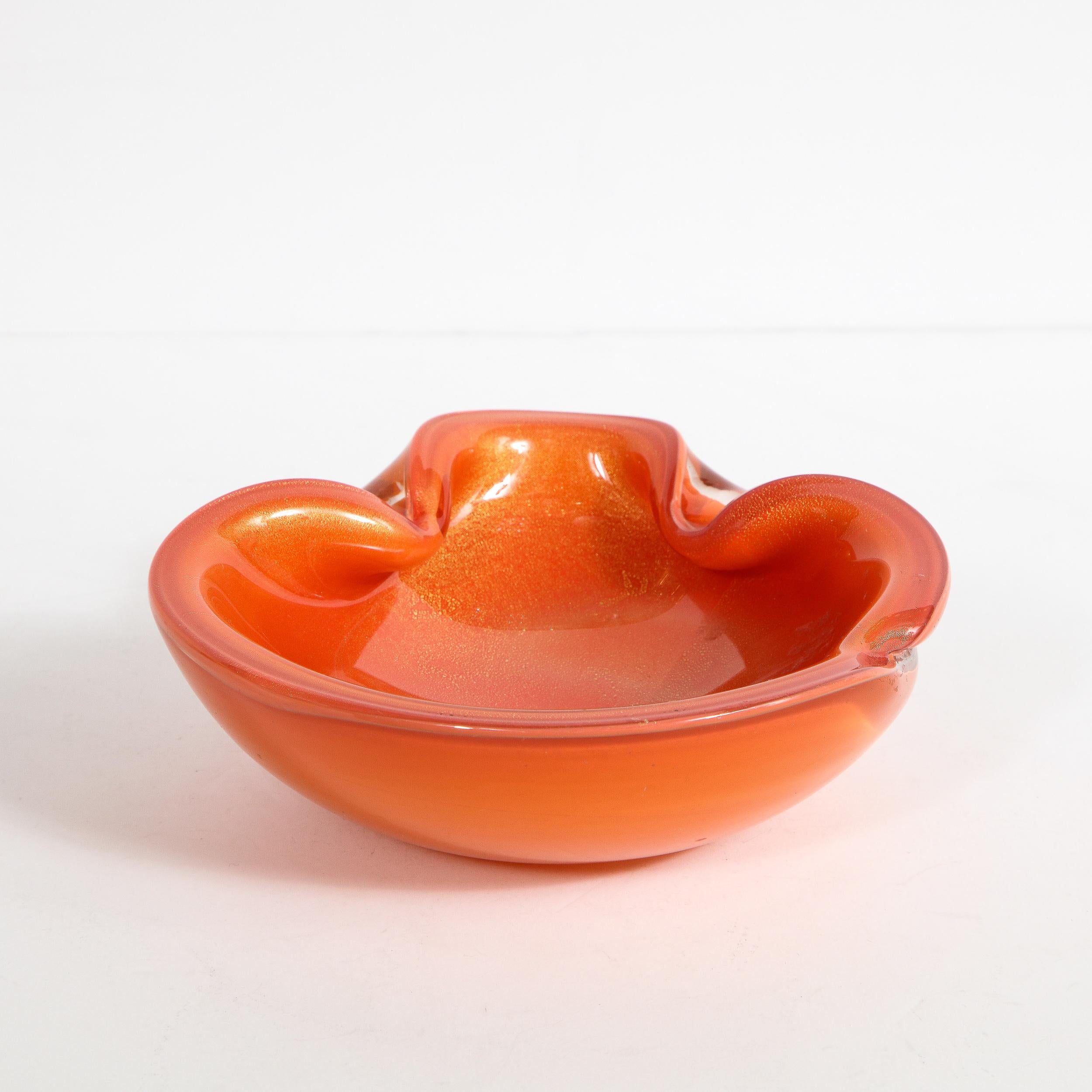 Mid-Century Modern Hand Blown Murano Glass Bowl in Persimmon Hue with 24kt Gold In Excellent Condition In New York, NY