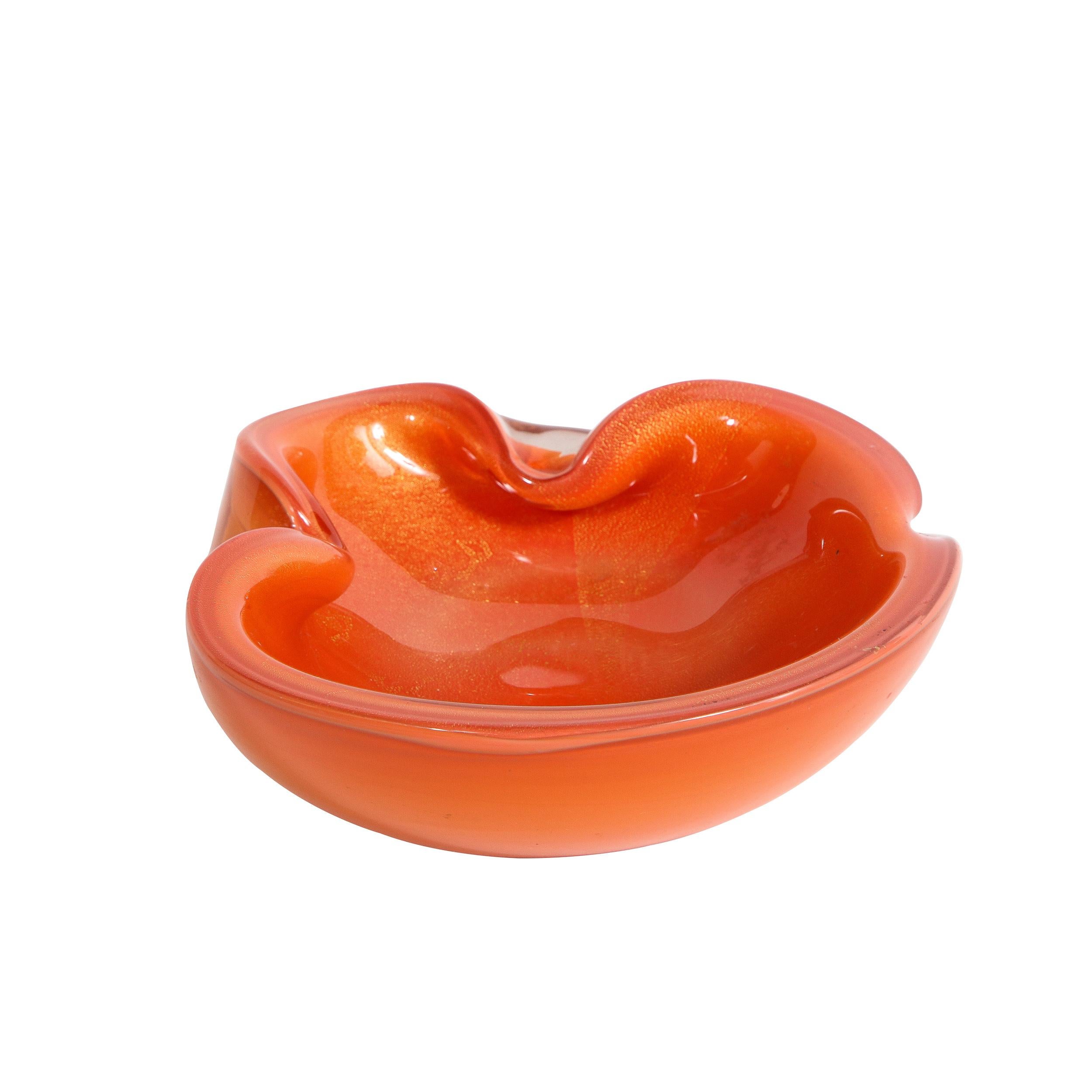 Mid-20th Century Mid-Century Modern Hand Blown Murano Glass Bowl in Persimmon Hue with 24kt Gold