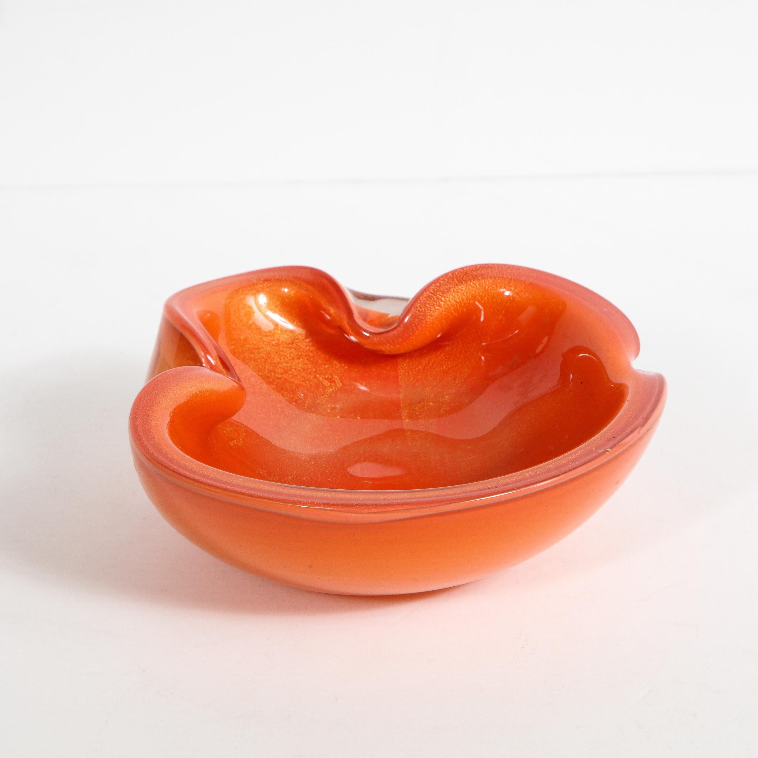 Mid-Century Modern Hand Blown Murano Glass Bowl in Persimmon Hue with 24kt Gold 1