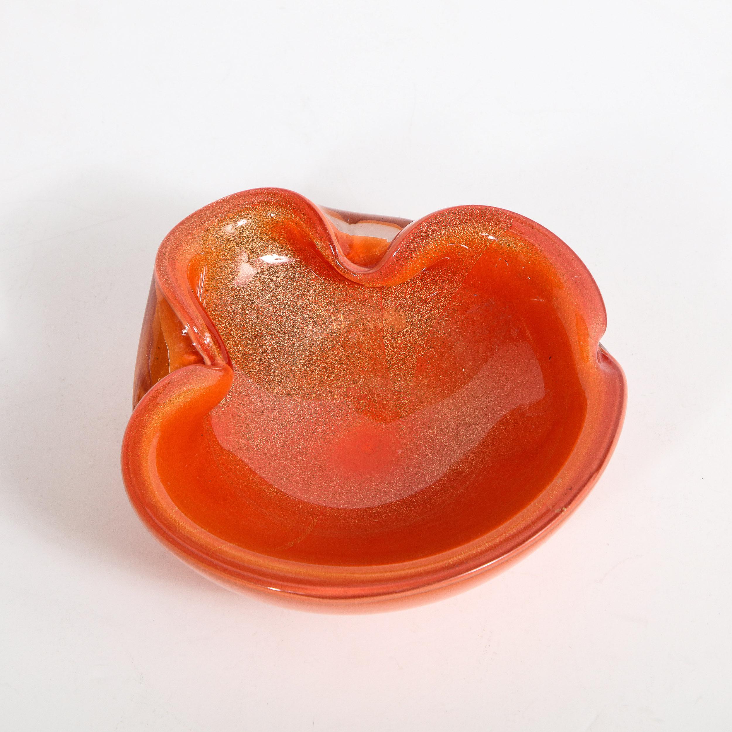 Mid-Century Modern Hand Blown Murano Glass Bowl in Persimmon Hue with 24kt Gold 2