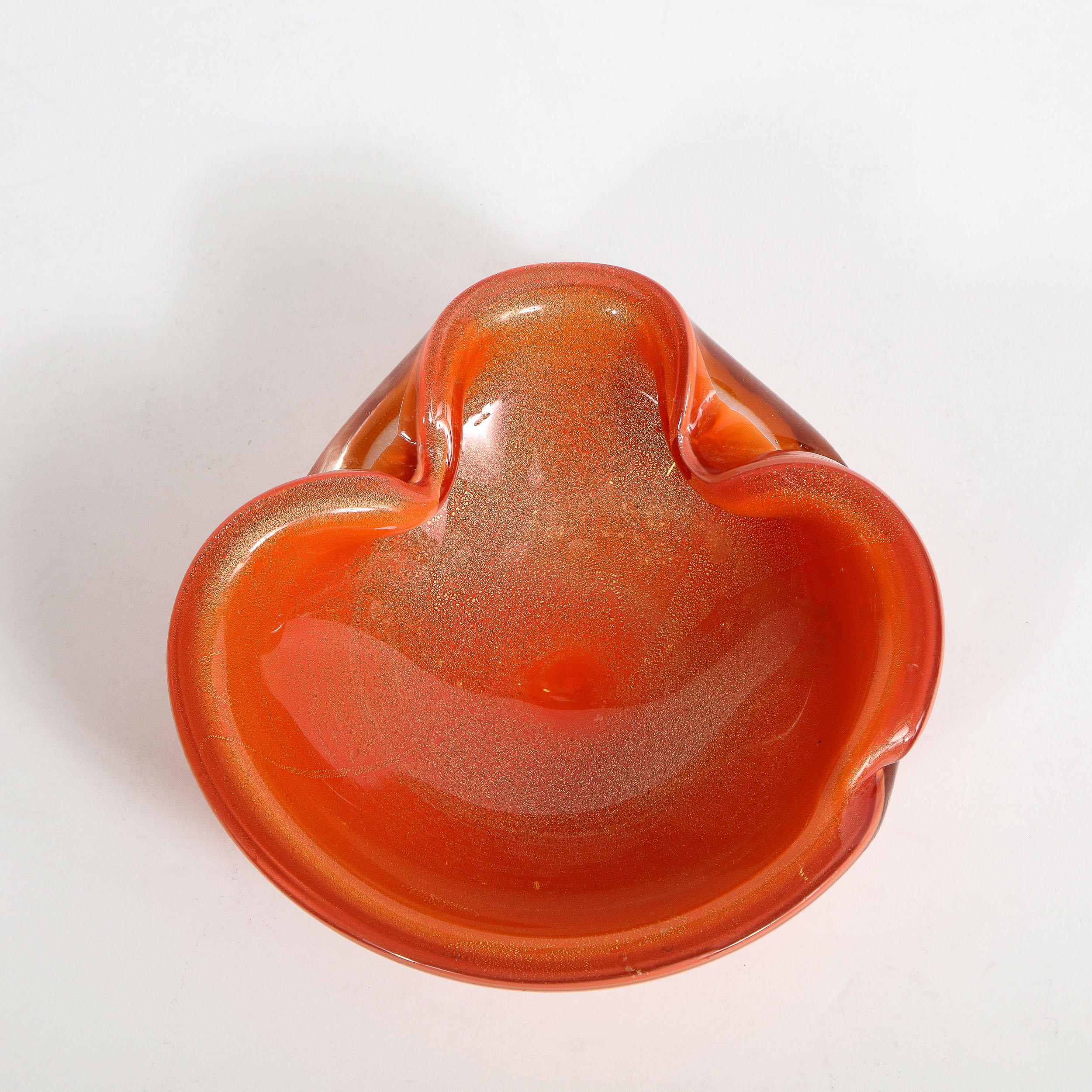 Mid-Century Modern Hand Blown Murano Glass Bowl in Persimmon Hue with 24kt Gold 3