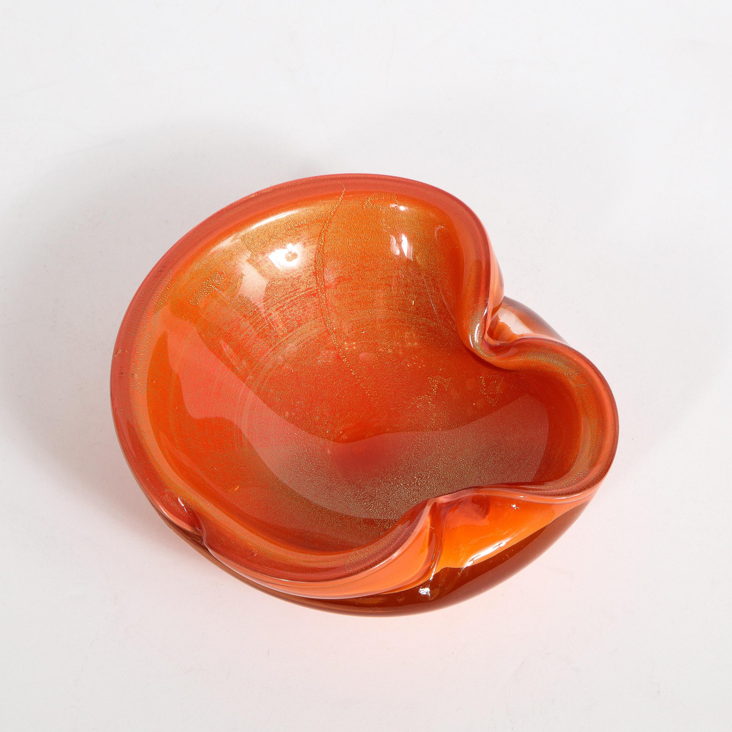 Mid-Century Modern Hand Blown Murano Glass Bowl in Persimmon Hue with 24kt Gold 4