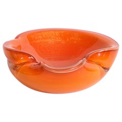 Mid-Century Modern Hand Blown Murano Glass Bowl in Persimmon Hue with 24kt Gold