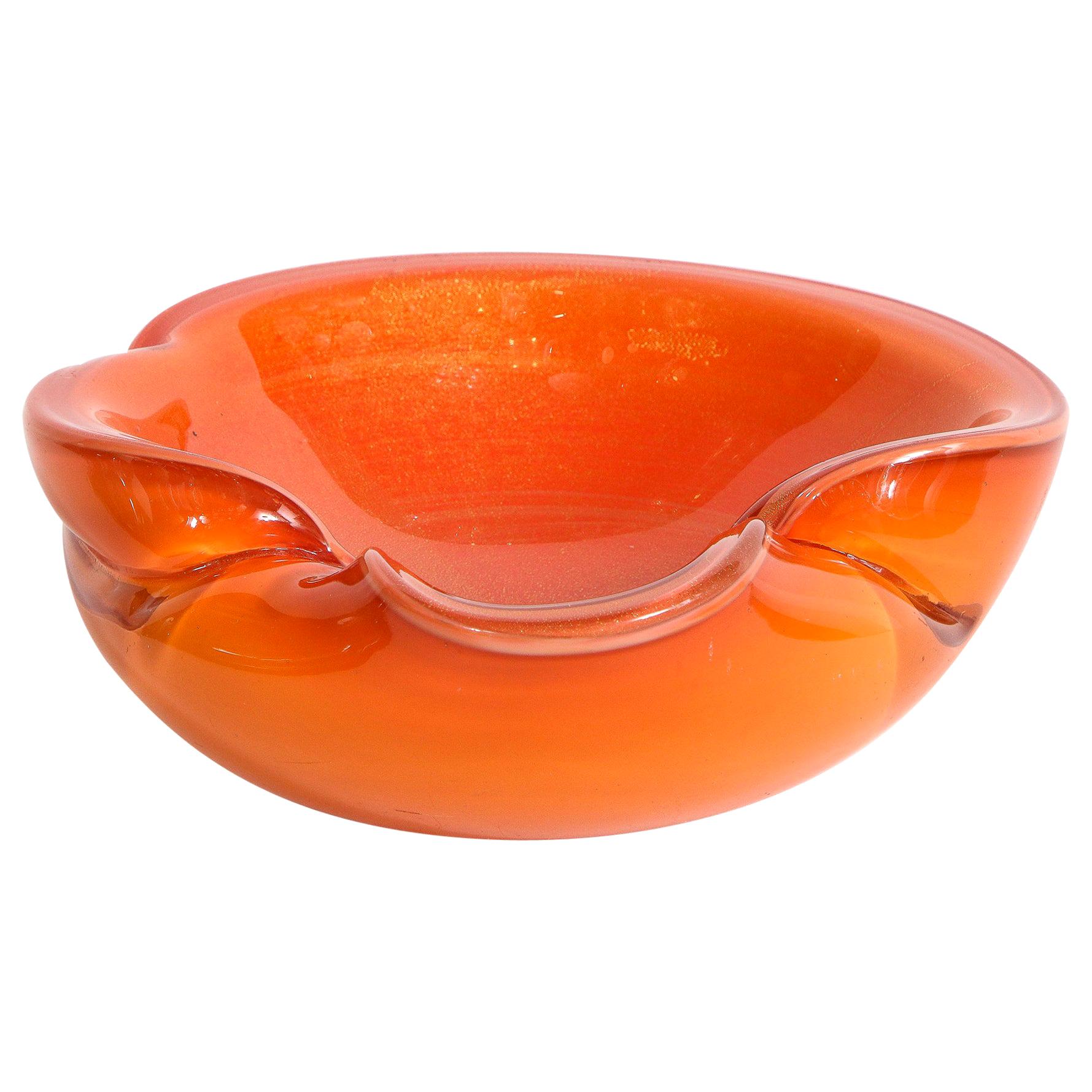 Mid-Century Modern Hand Blown Murano Glass Bowl in Persimmon Hue with 24kt Gold