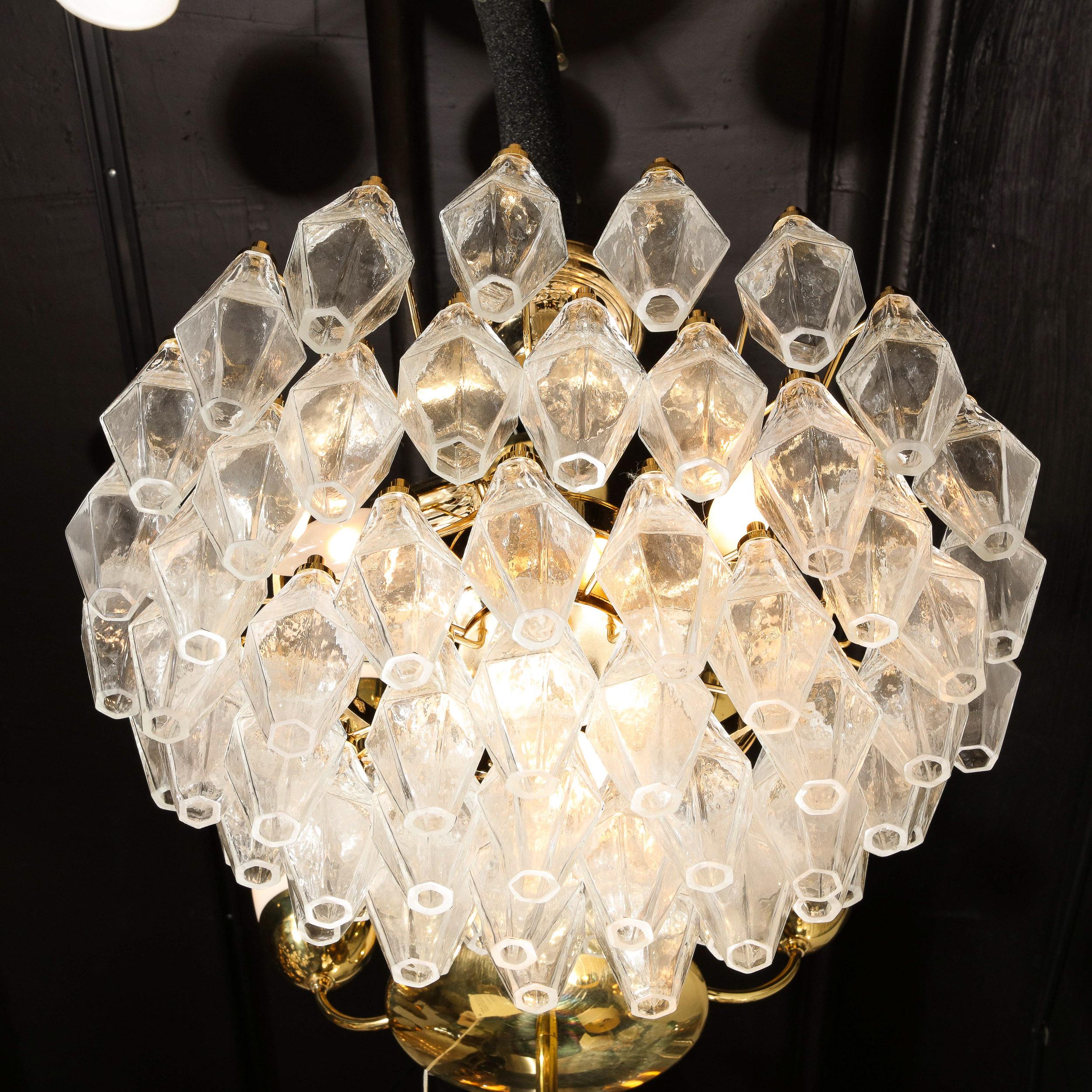 Mid-Century Modern Hand-Blown Murano Glass & Brass Polyhedral Chandelier In Excellent Condition In New York, NY