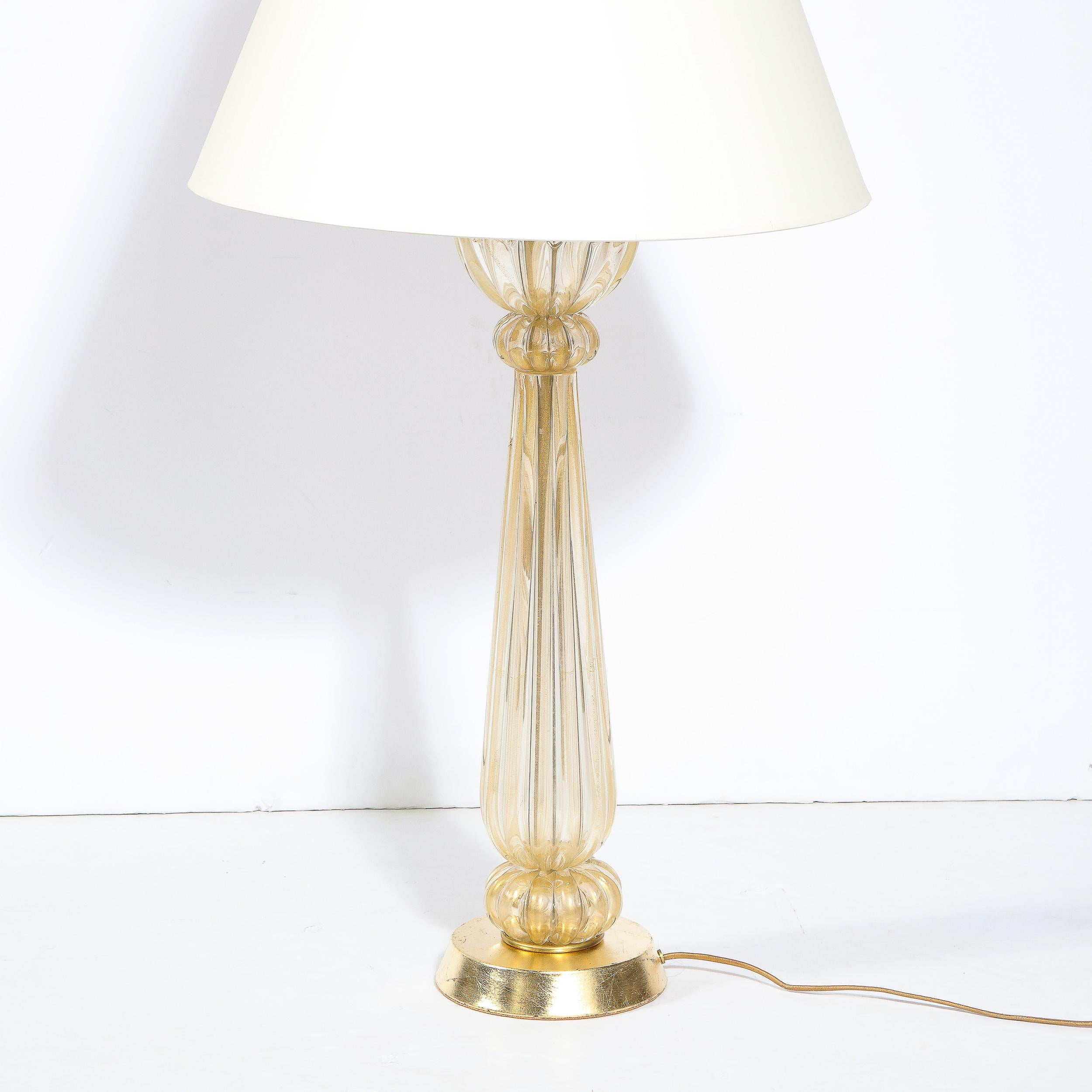 Brass Mid-Century Modern Hand Blown Murano Glass Table Lamp with 24kt Gold Flecks For Sale