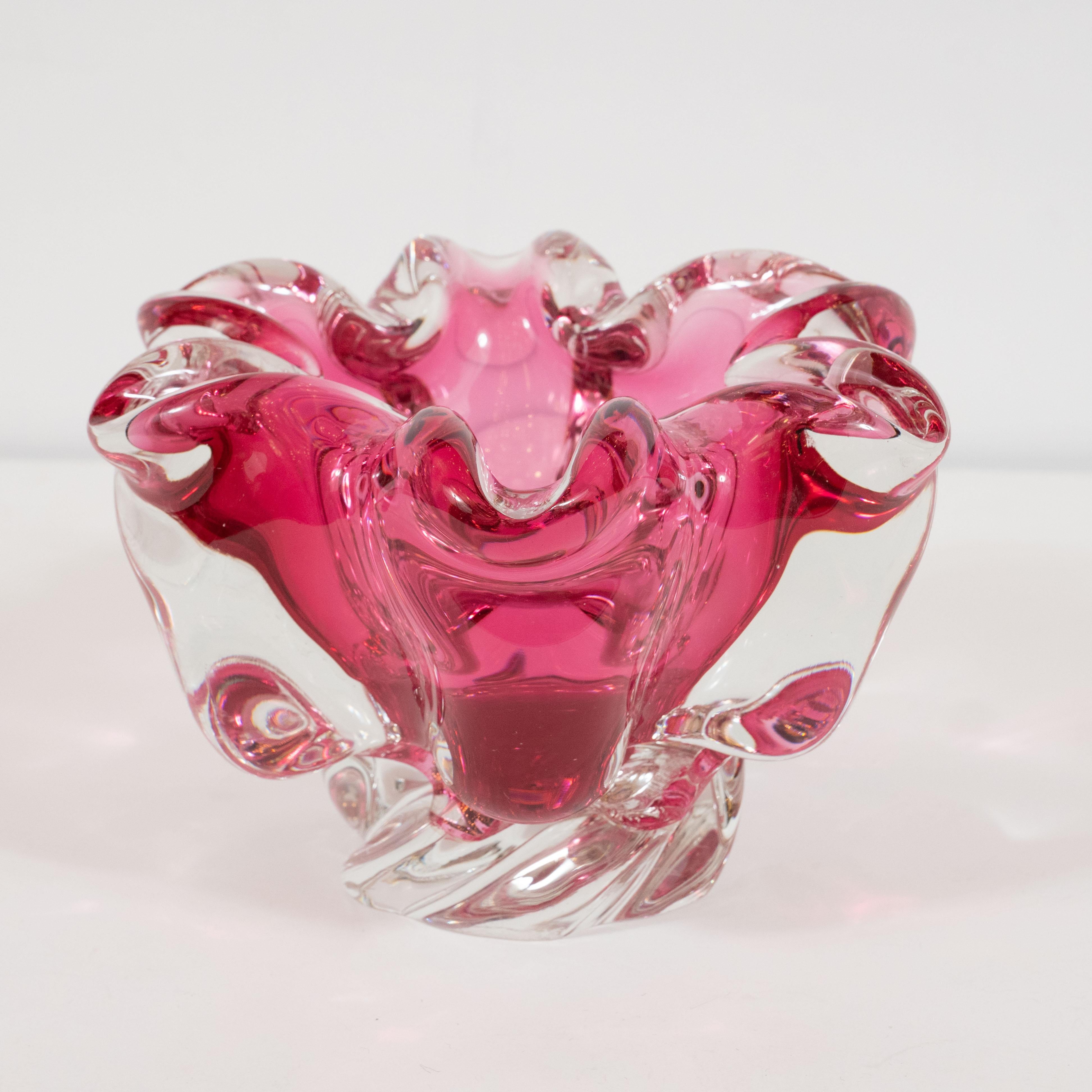 Italian Mid-Century Modern Hand Blown Murano Translucent Magenta Murano Glass Bowl