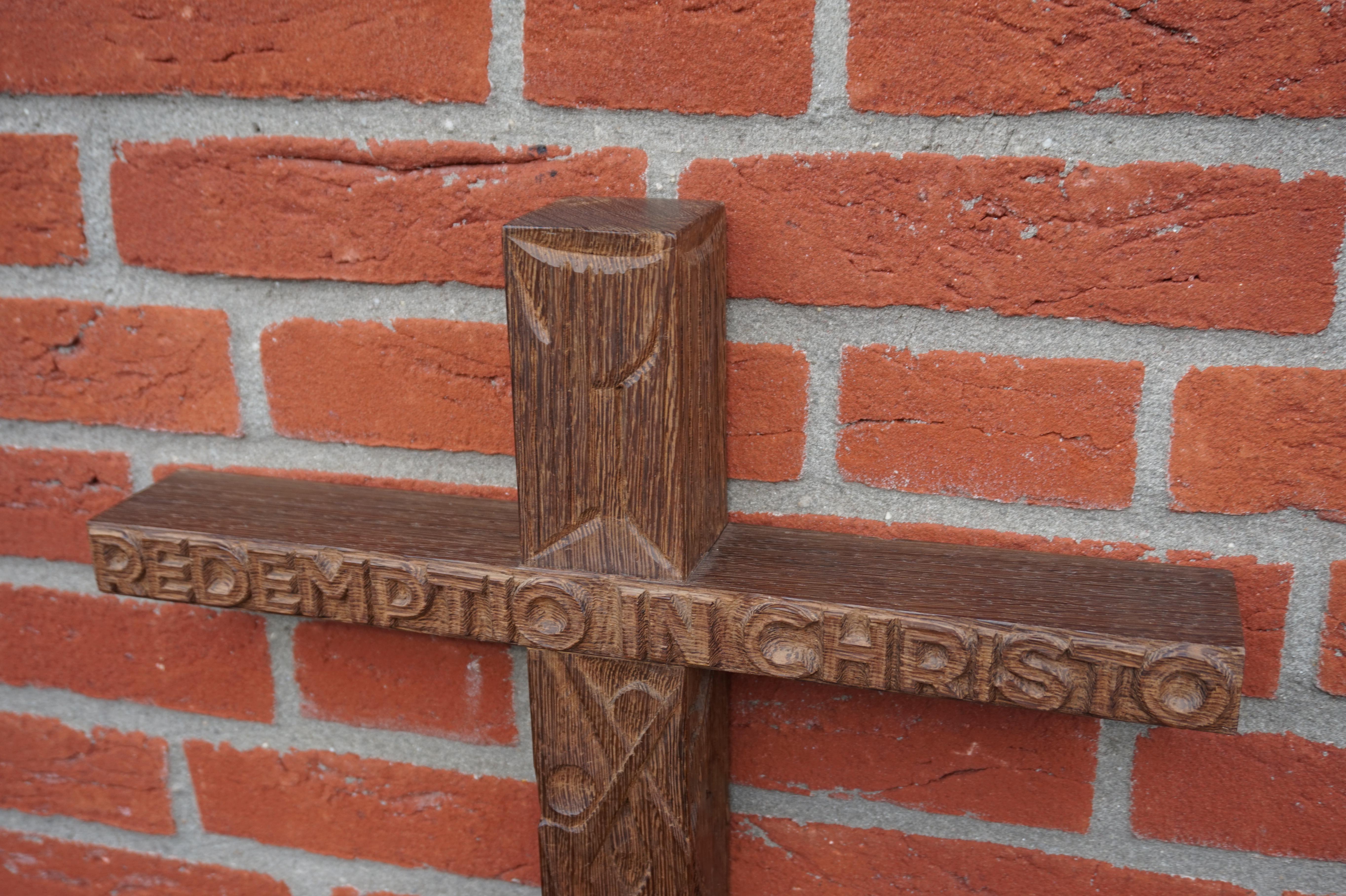 Mid-Century Modern Hand Carved Christian Cross That Reads REDEMPTIO IN CHRISTO 3
