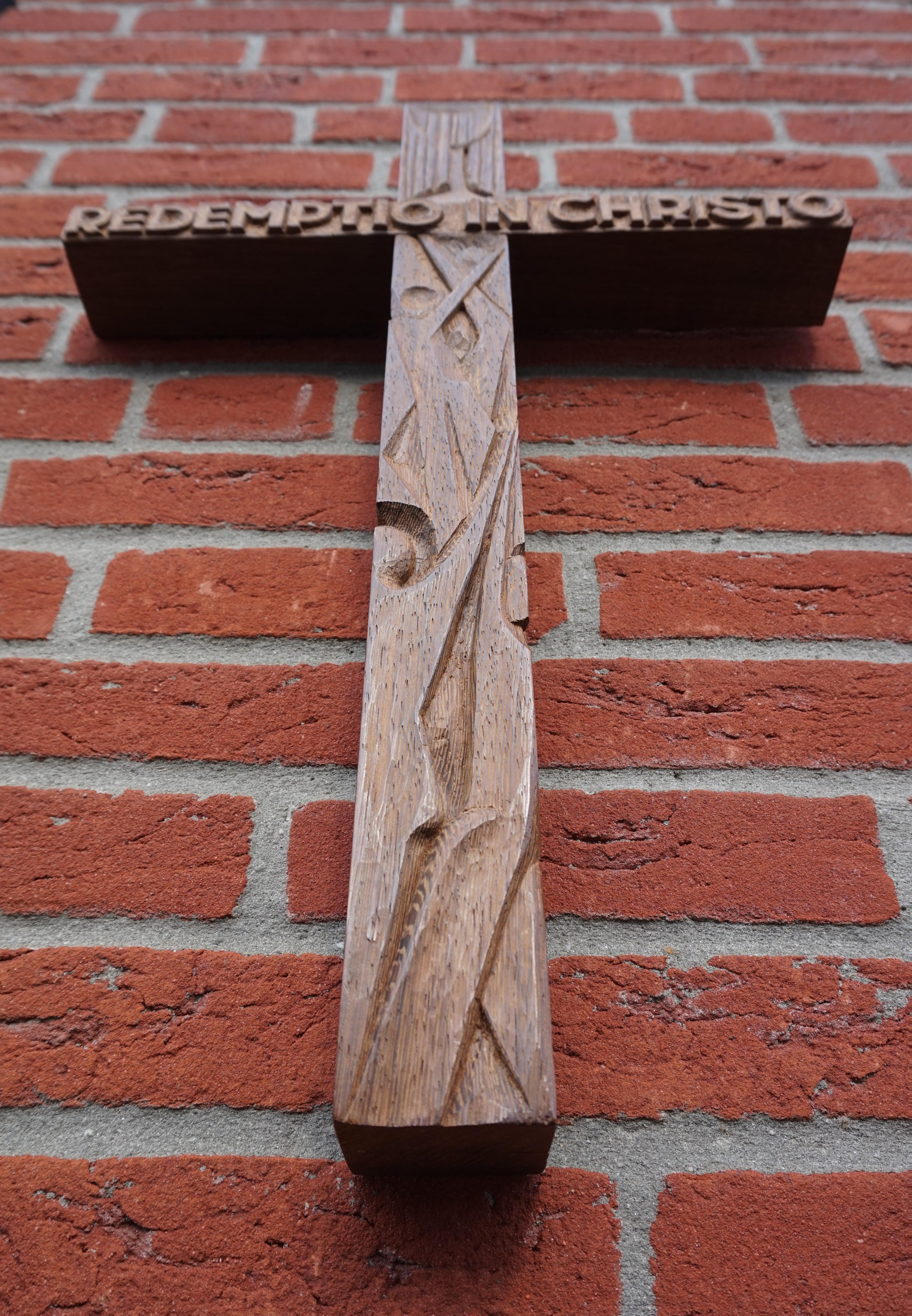 Mid-Century Modern Hand Carved Christian Cross That Reads REDEMPTIO IN CHRISTO 4