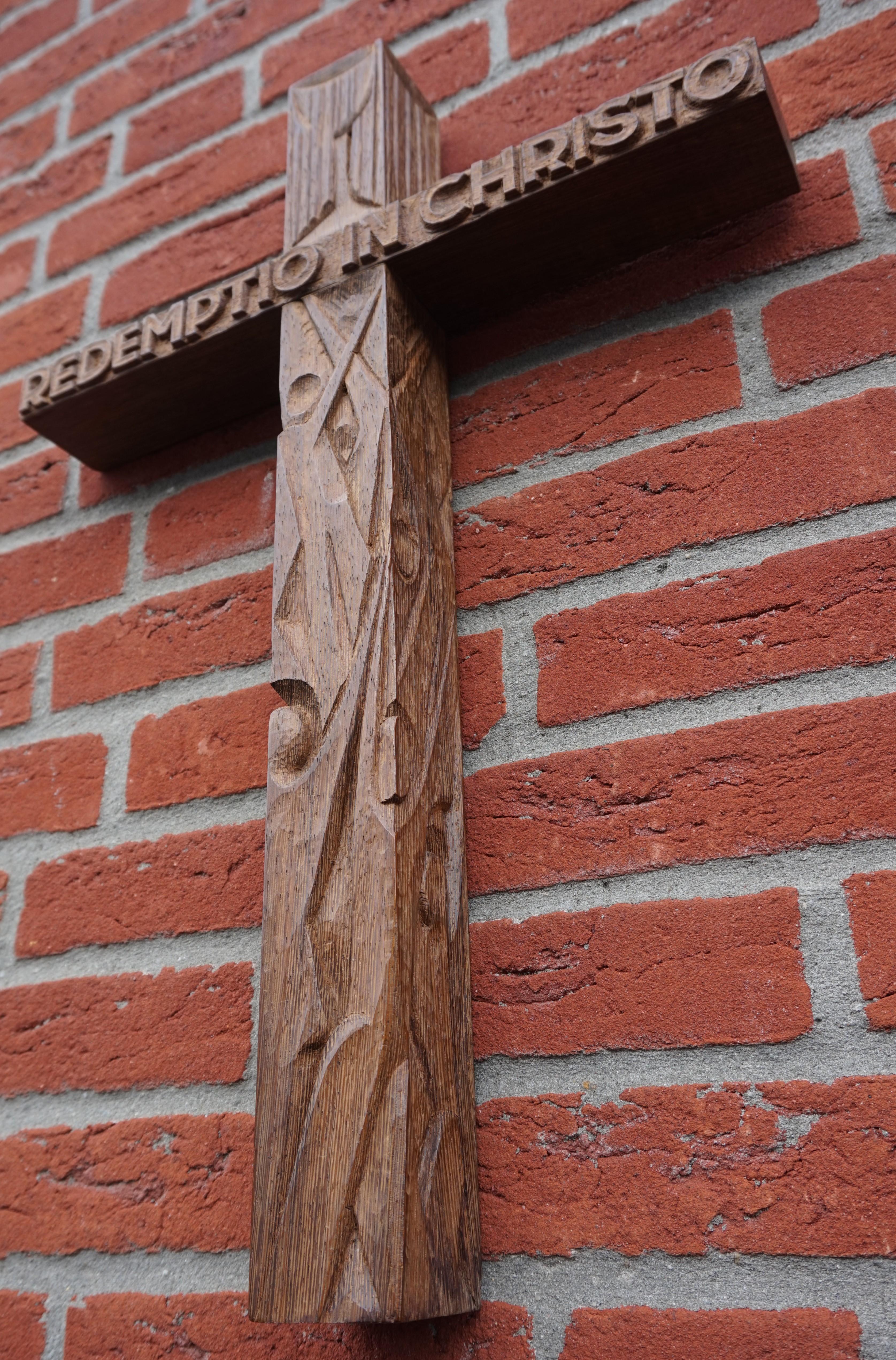 Mid-Century Modern Hand Carved Christian Cross That Reads REDEMPTIO IN CHRISTO 6