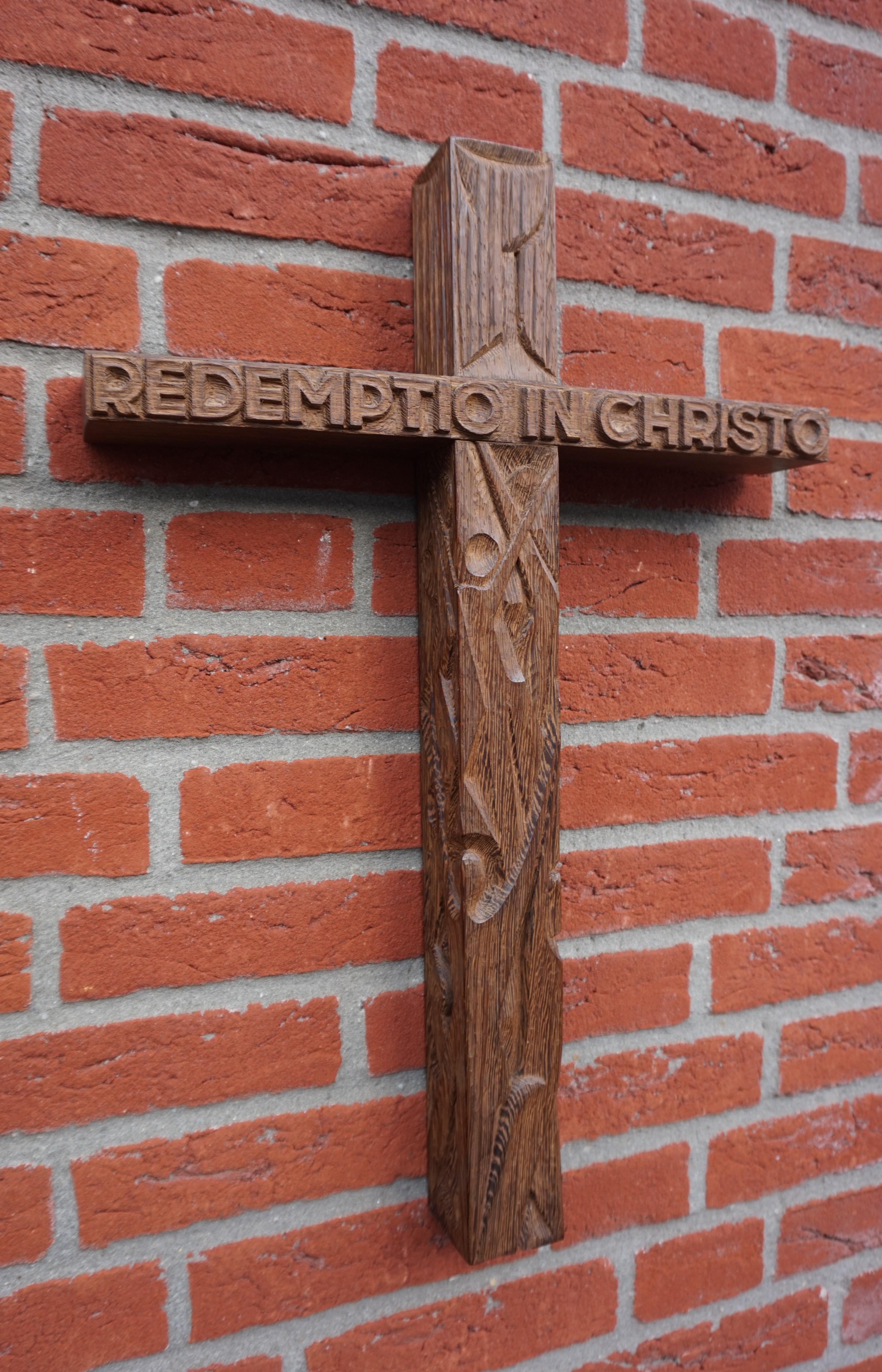 Mid-Century Modern Hand Carved Christian Cross That Reads REDEMPTIO IN CHRISTO 7