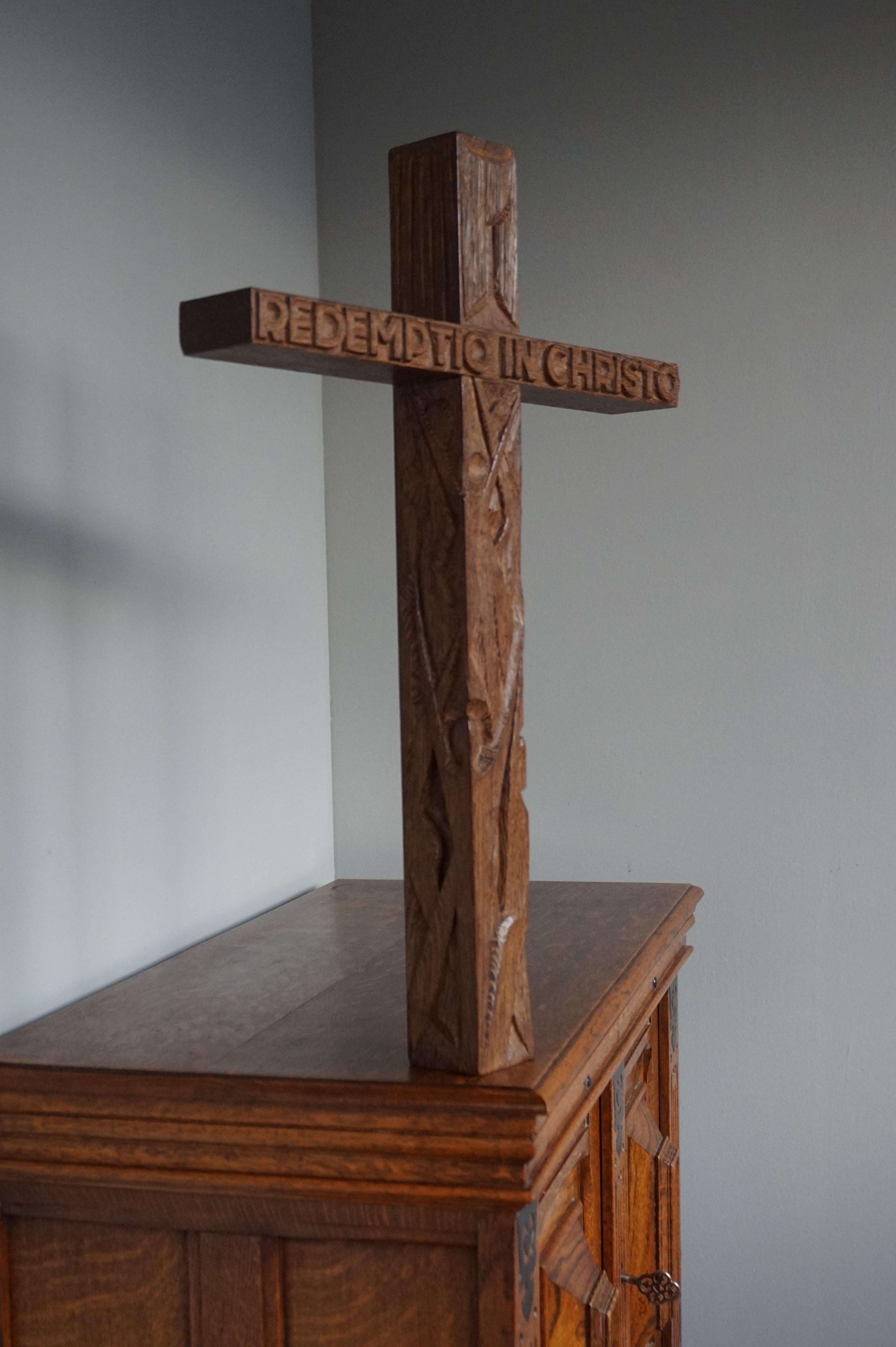 Mid-Century Modern Hand Carved Christian Cross That Reads REDEMPTIO IN CHRISTO 8