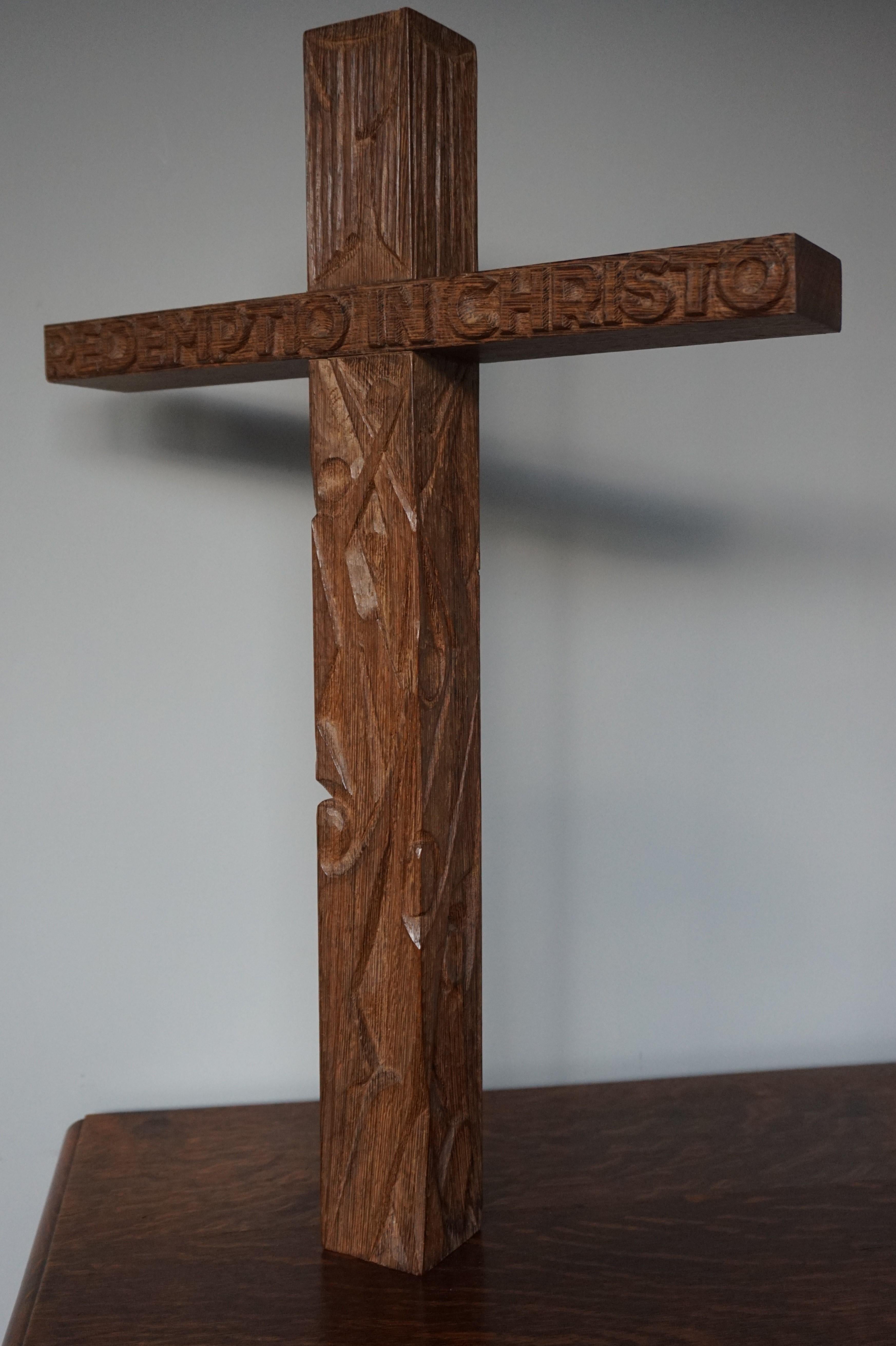Mid-Century Modern Hand Carved Christian Cross That Reads REDEMPTIO IN CHRISTO 11