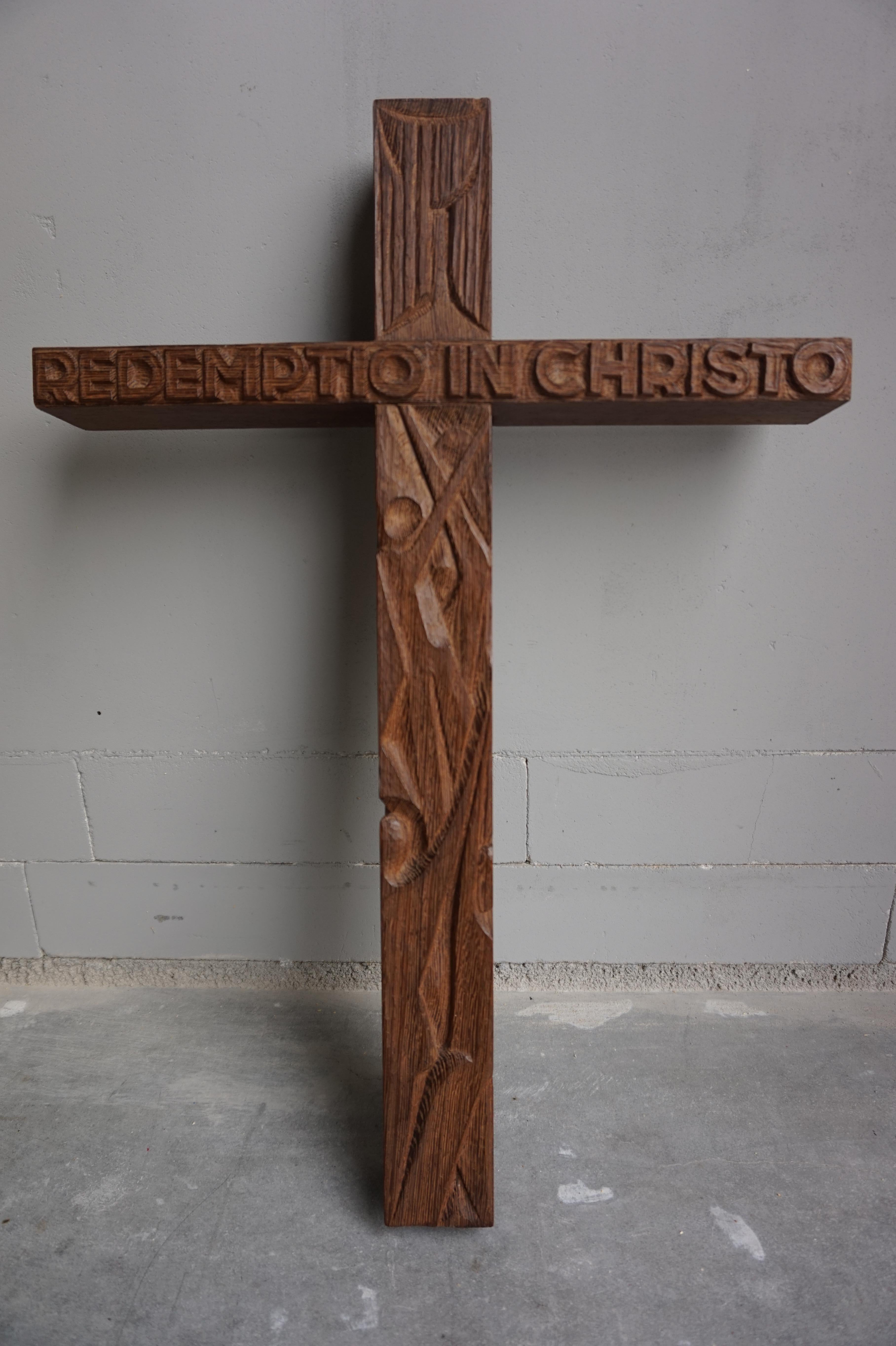 European Mid-Century Modern Hand Carved Christian Cross That Reads REDEMPTIO IN CHRISTO