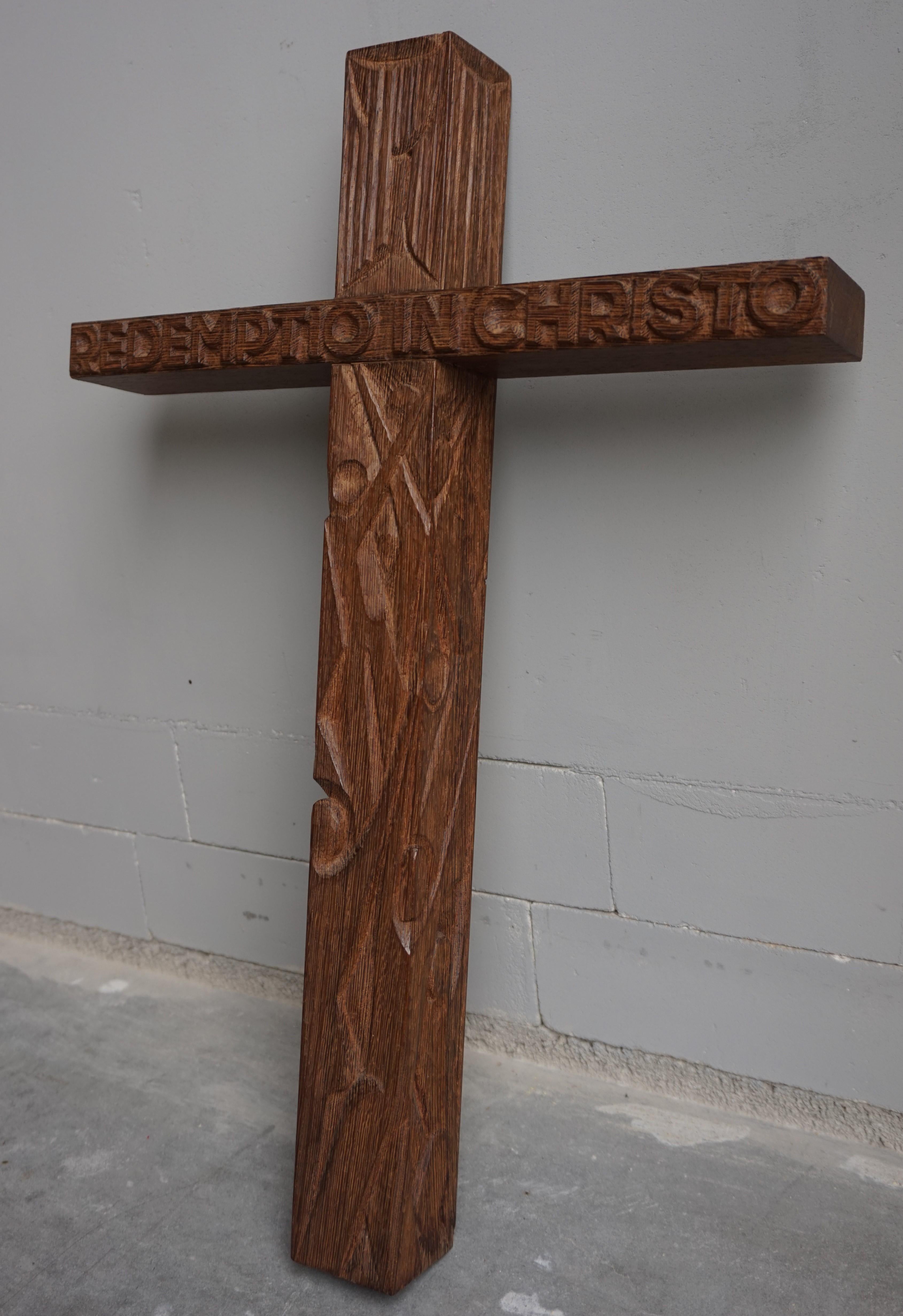 Hand-Carved Mid-Century Modern Hand Carved Christian Cross That Reads REDEMPTIO IN CHRISTO