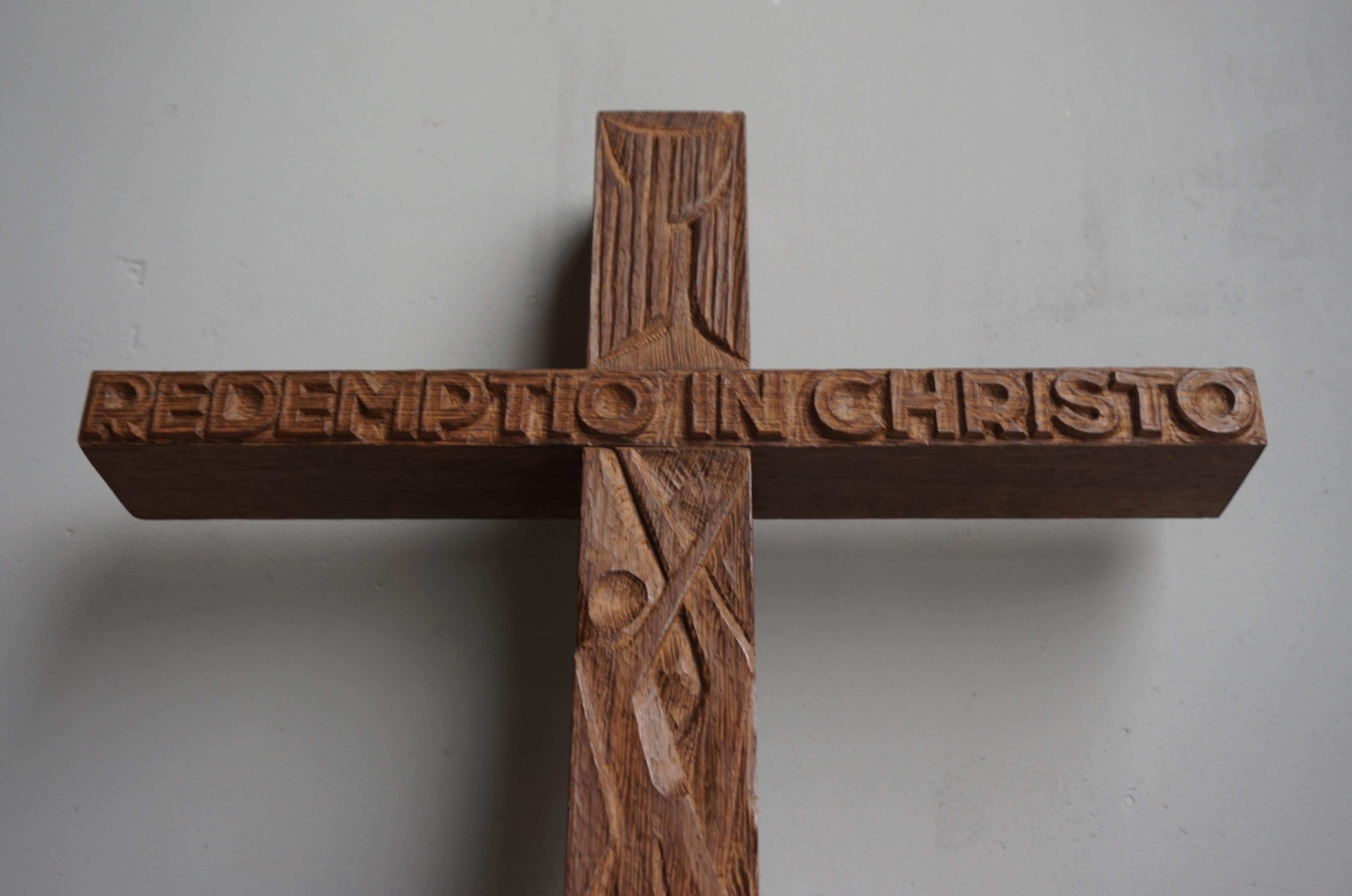 Mid-Century Modern Hand Carved Christian Cross That Reads REDEMPTIO IN CHRISTO In Excellent Condition In Lisse, NL