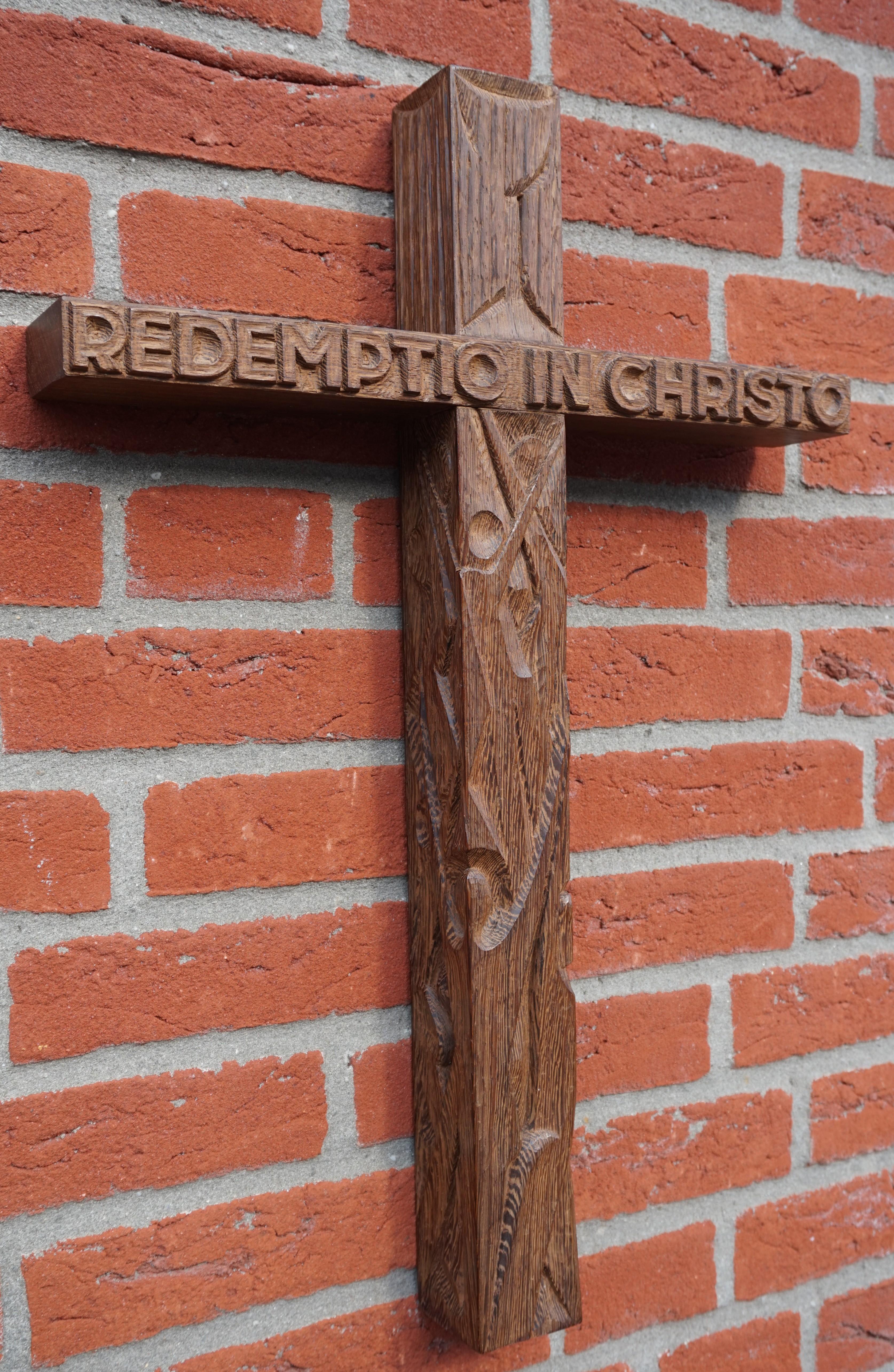 20th Century Mid-Century Modern Hand Carved Christian Cross That Reads REDEMPTIO IN CHRISTO