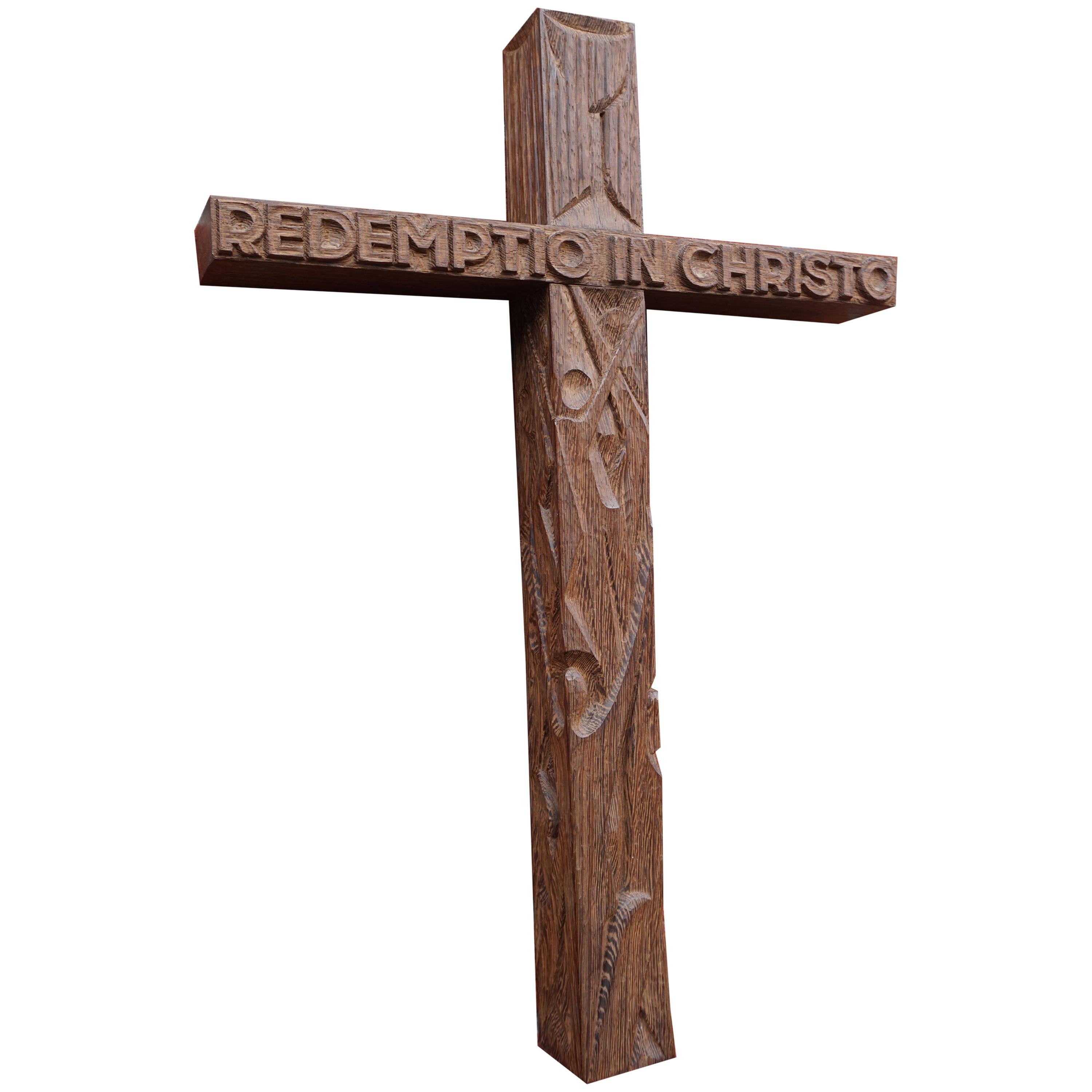 Mid-Century Modern Hand Carved Christian Cross That Reads REDEMPTIO IN CHRISTO