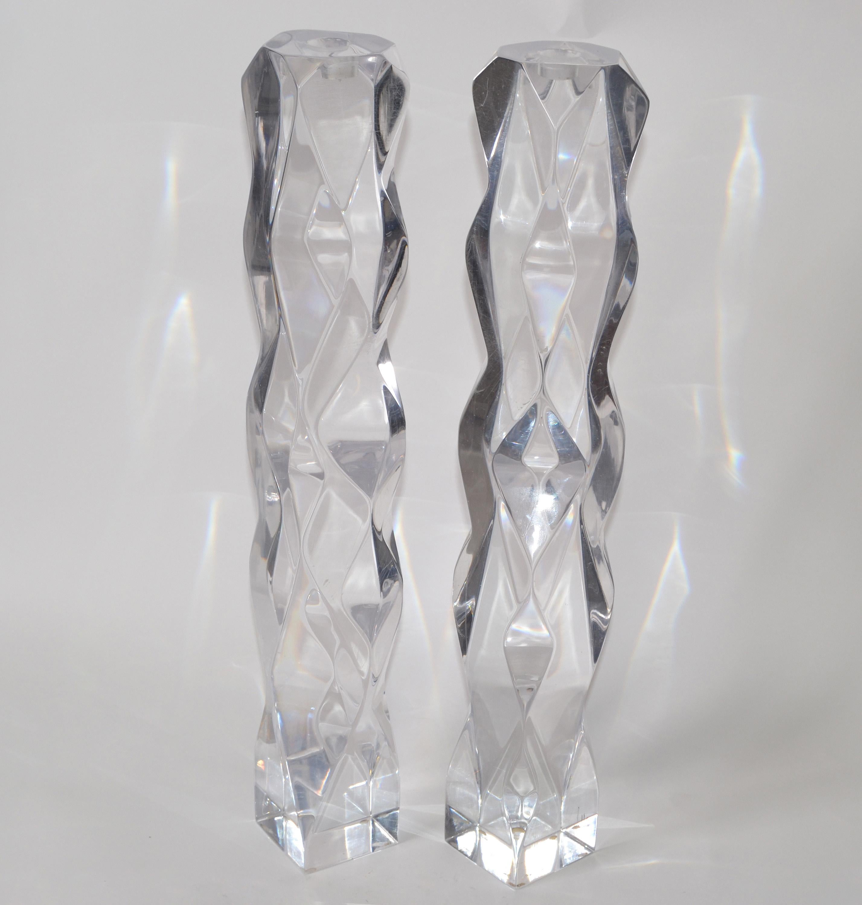 Mid-Century Modern Hand Carved Clear Lucite Candlesticks, Table Sculpture - Pair 10