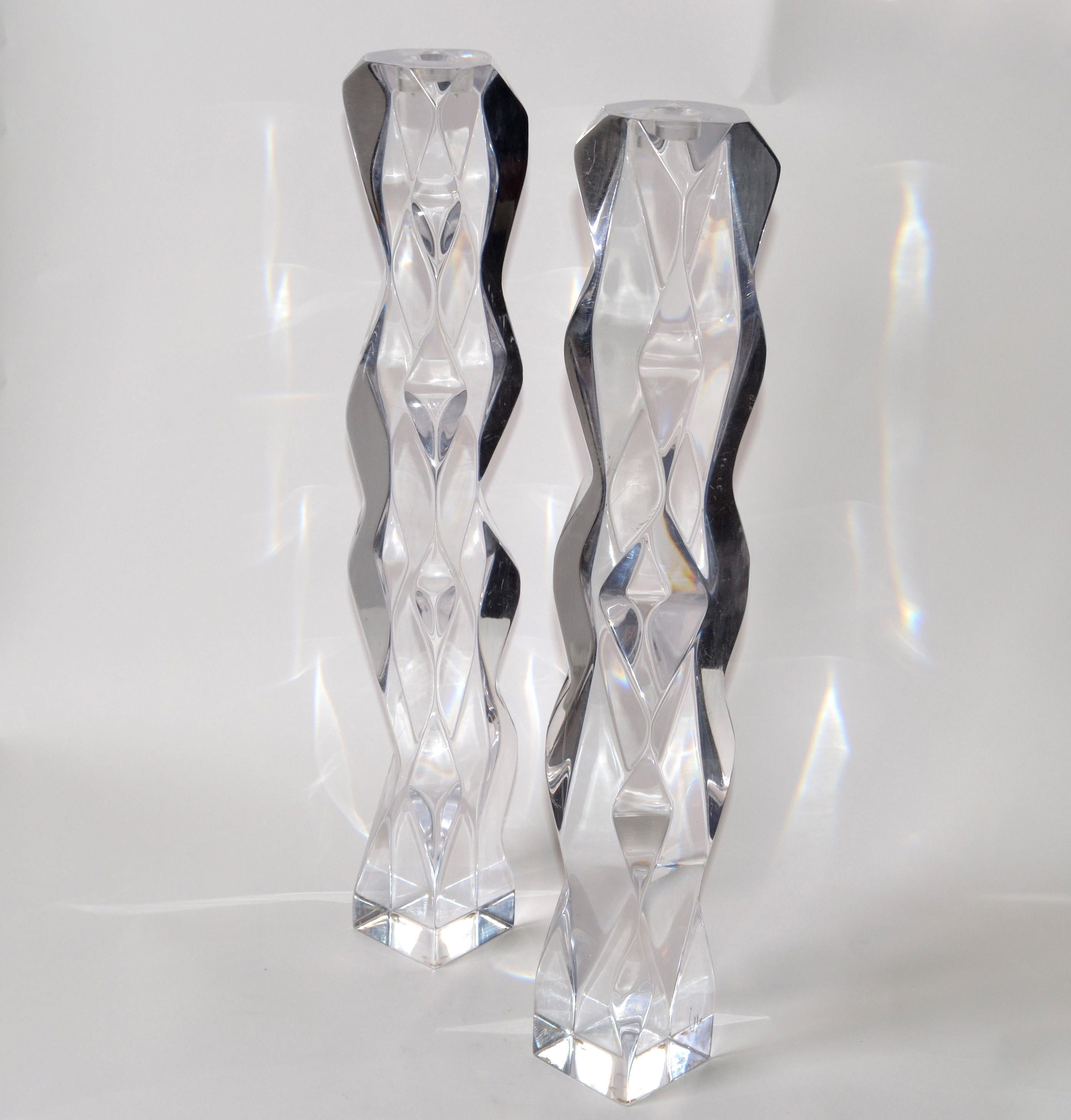 American Mid-Century Modern Hand Carved Clear Lucite Candlesticks, Table Sculpture - Pair