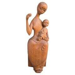 Mid-Century Modern Hand-Carved Oak Madonna and Child Sculpture