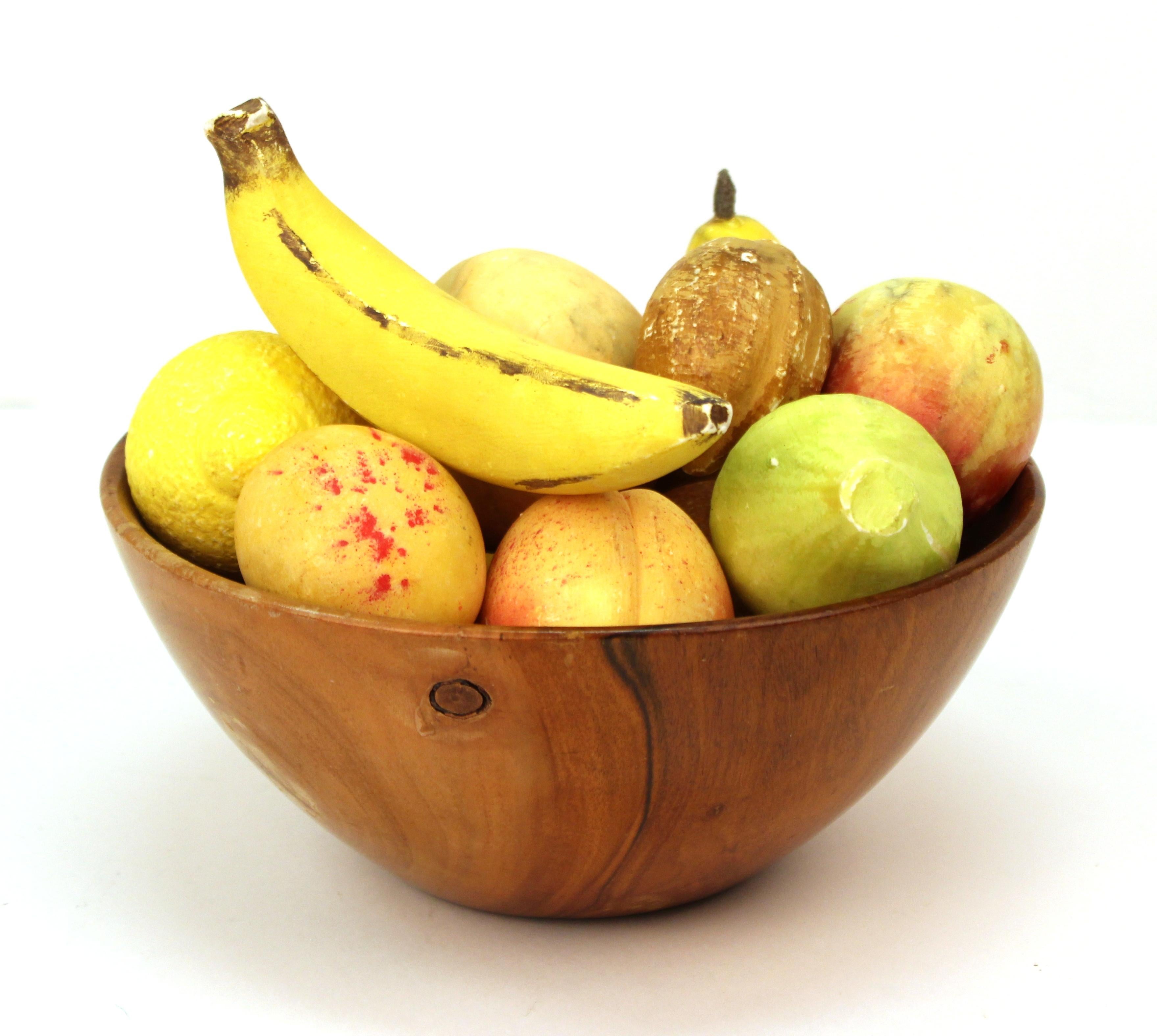 Mid-Century Modern Hand Carved and Painted Marble Fruit in Wooden Bowl In Good Condition In New York, NY