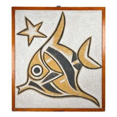 Mid-Century Modern Hand Carved Stone Wall Relief with Fish Design, 1960s