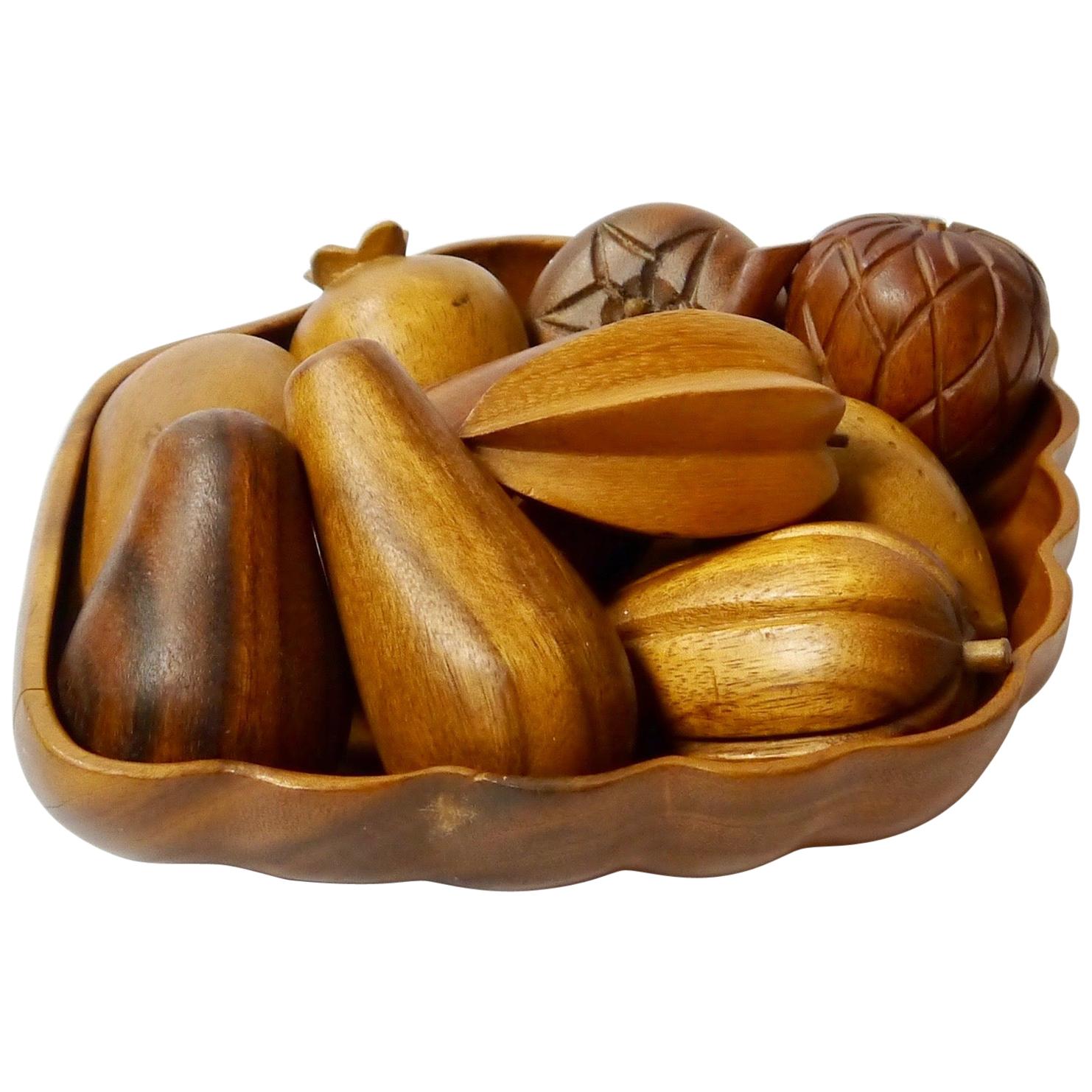 Mid-Century Modern Hand Carved Wood Fruits and Bowl