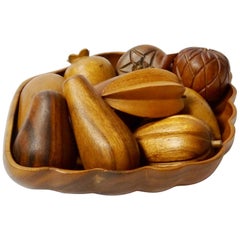 Vintage Mid-Century Modern Hand Carved Wood Fruits and Bowl