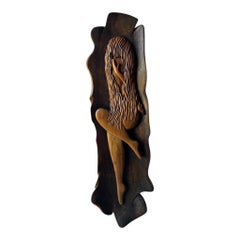 Mid-Century Modern Hand-Carved Wood Wall Sculpture of a Woman Signed AK 1970