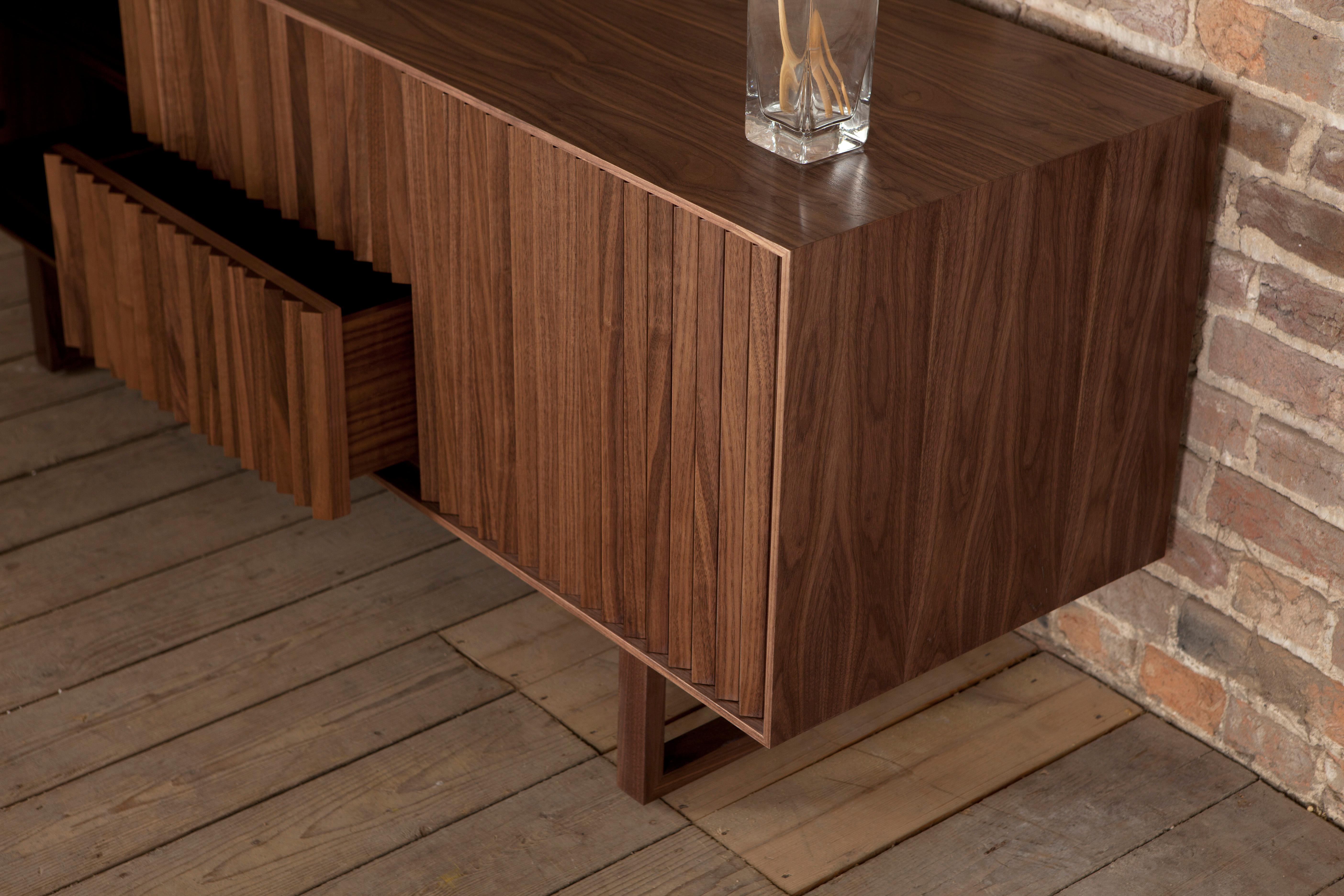 Hand-Crafted Modern/Midcentury American Walnut Clair Sideboard By Corinna Warm Faceted Panels For Sale