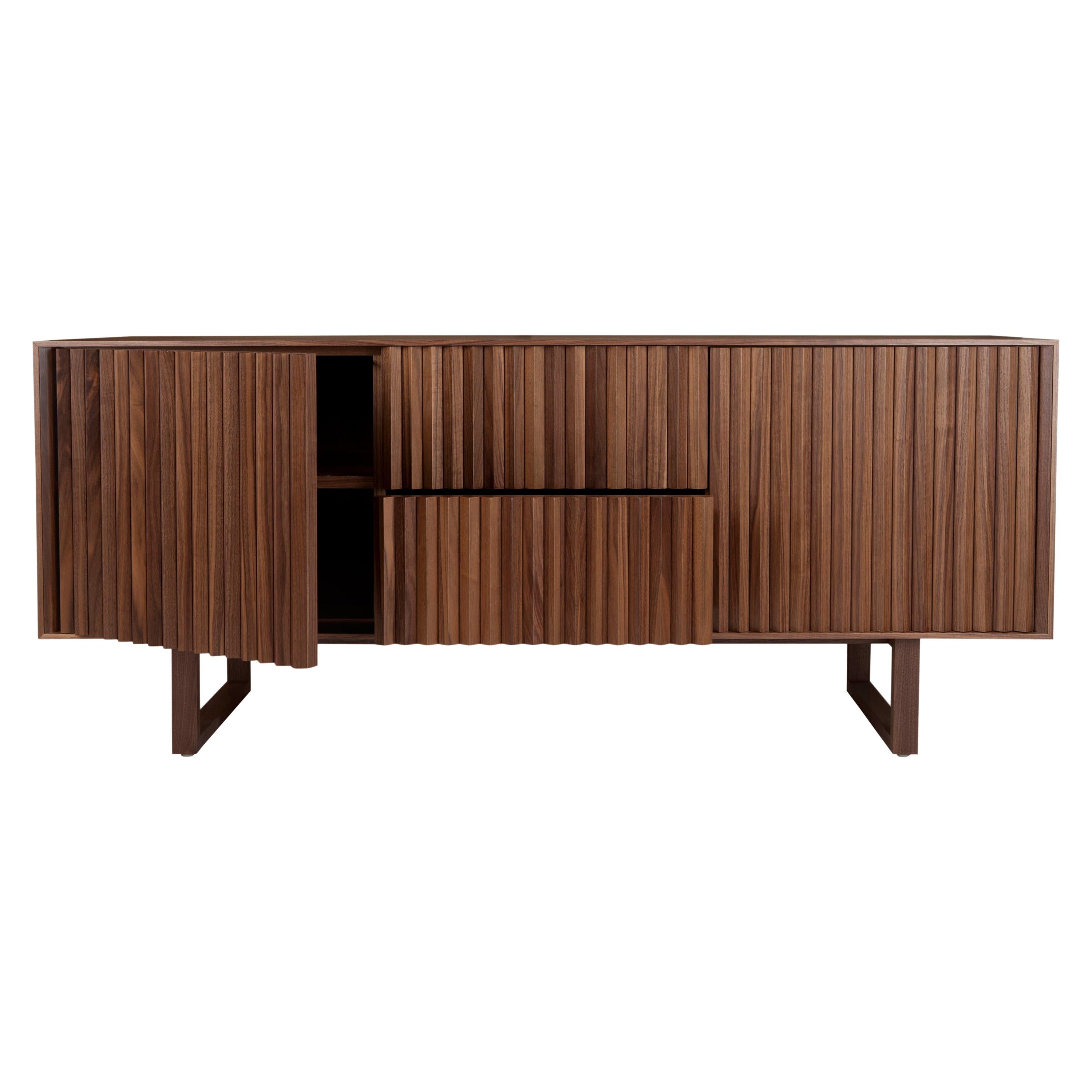 Modern/Midcentury American Walnut Clair Sideboard By Corinna Warm Faceted Panels