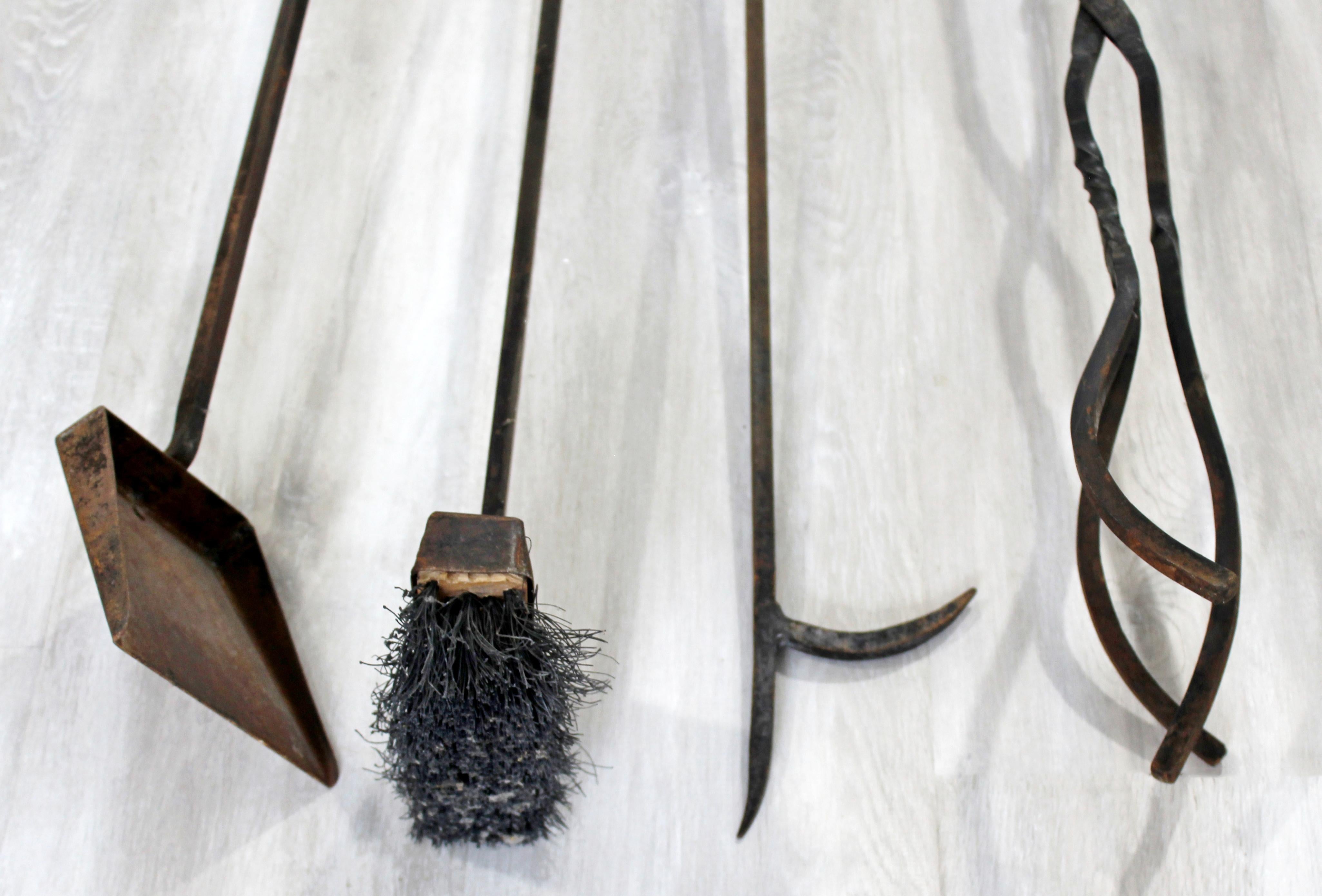 Mid-Century Modern Hand Forged Iron Fireplace Tool Set Brush Poker Shovel, 1960s In Good Condition In Keego Harbor, MI