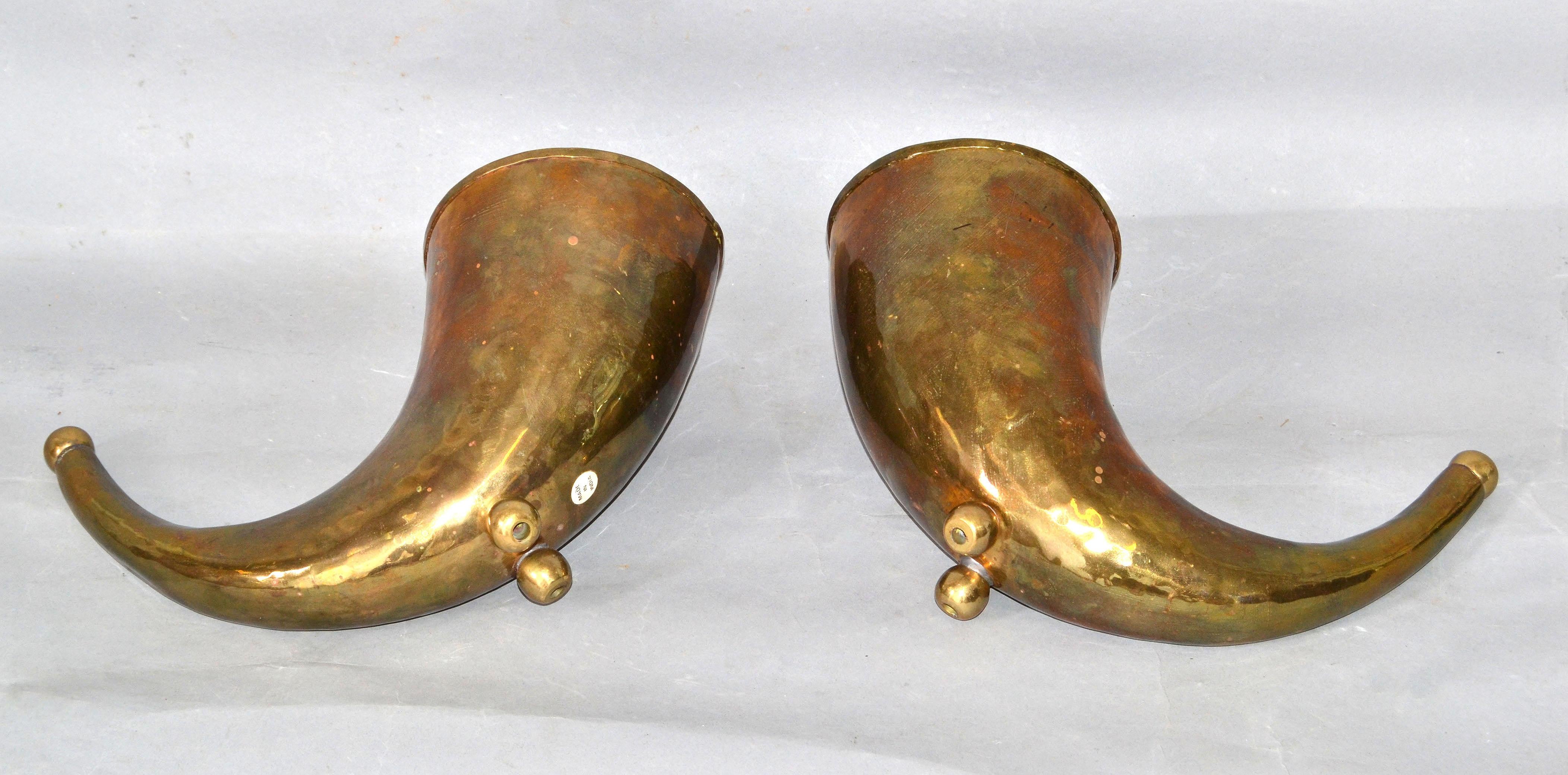 Mid-Century Modern Hand Hammered Brass Horn Sculptures, Bookends, Pair 5