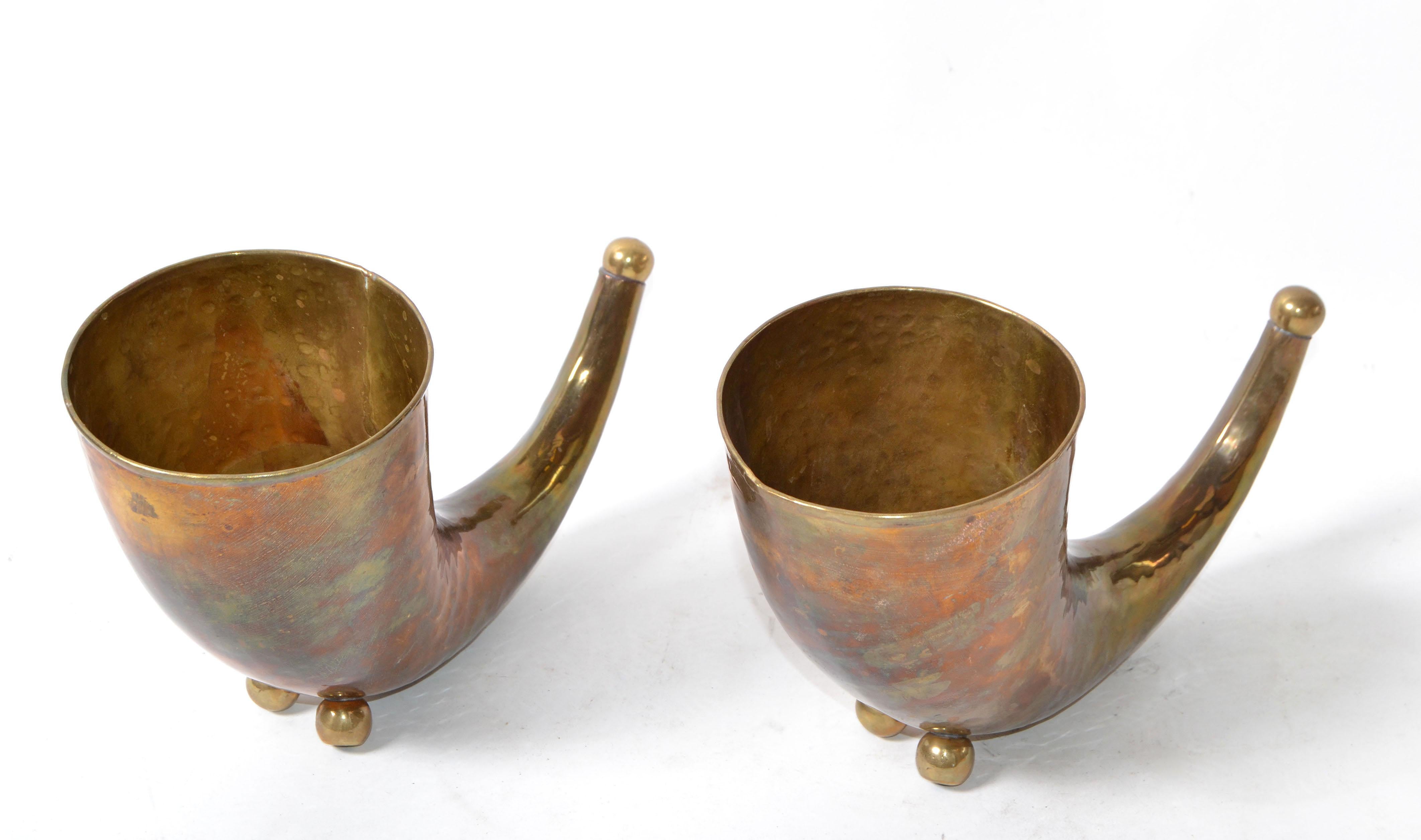 American Mid-Century Modern Hand Hammered Brass Horn Sculptures, Bookends, Pair