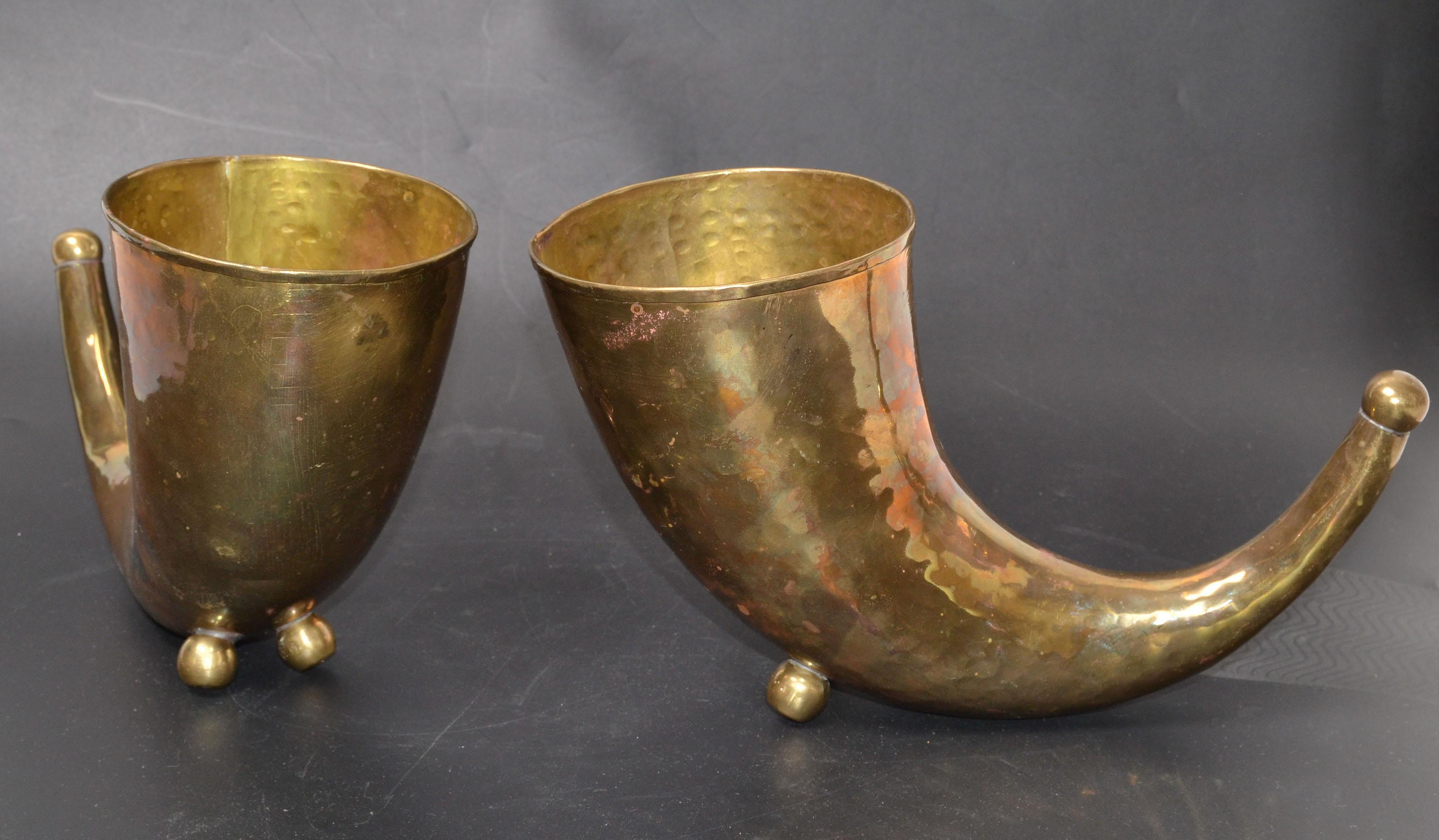 Late 20th Century Mid-Century Modern Hand Hammered Brass Horn Sculptures, Bookends, Pair