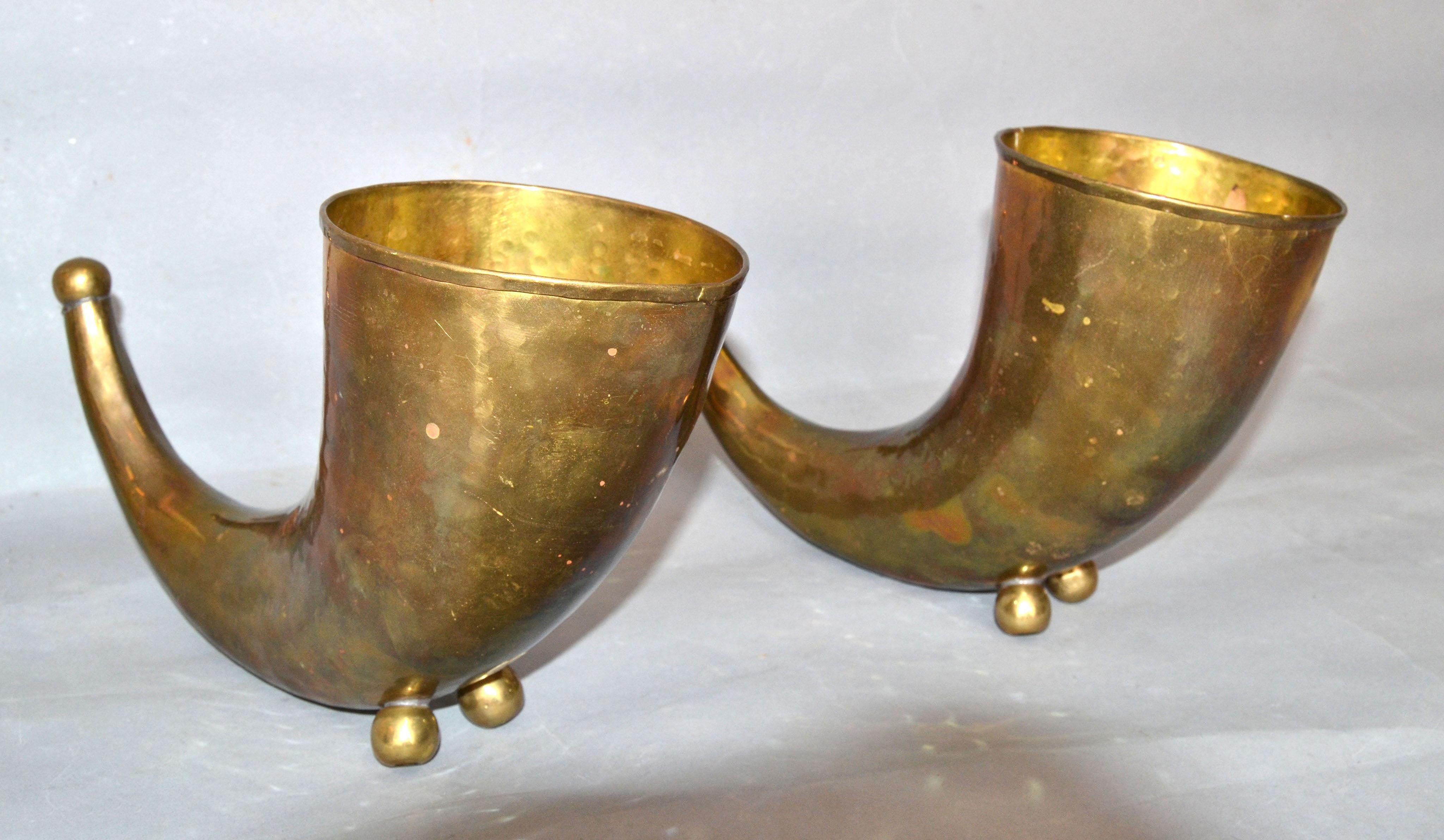 Mid-Century Modern Hand Hammered Brass Horn Sculptures, Bookends, Pair 1