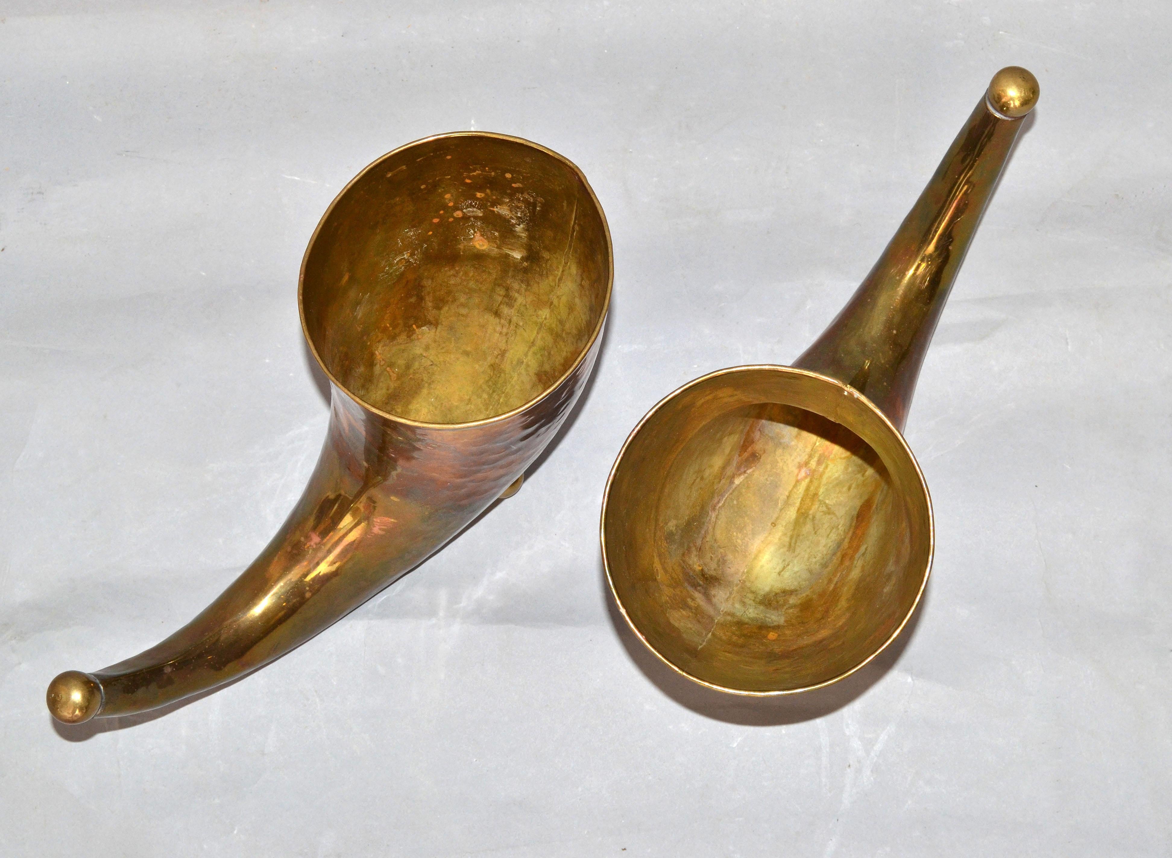 Mid-Century Modern Hand Hammered Brass Horn Sculptures, Bookends, Pair 2