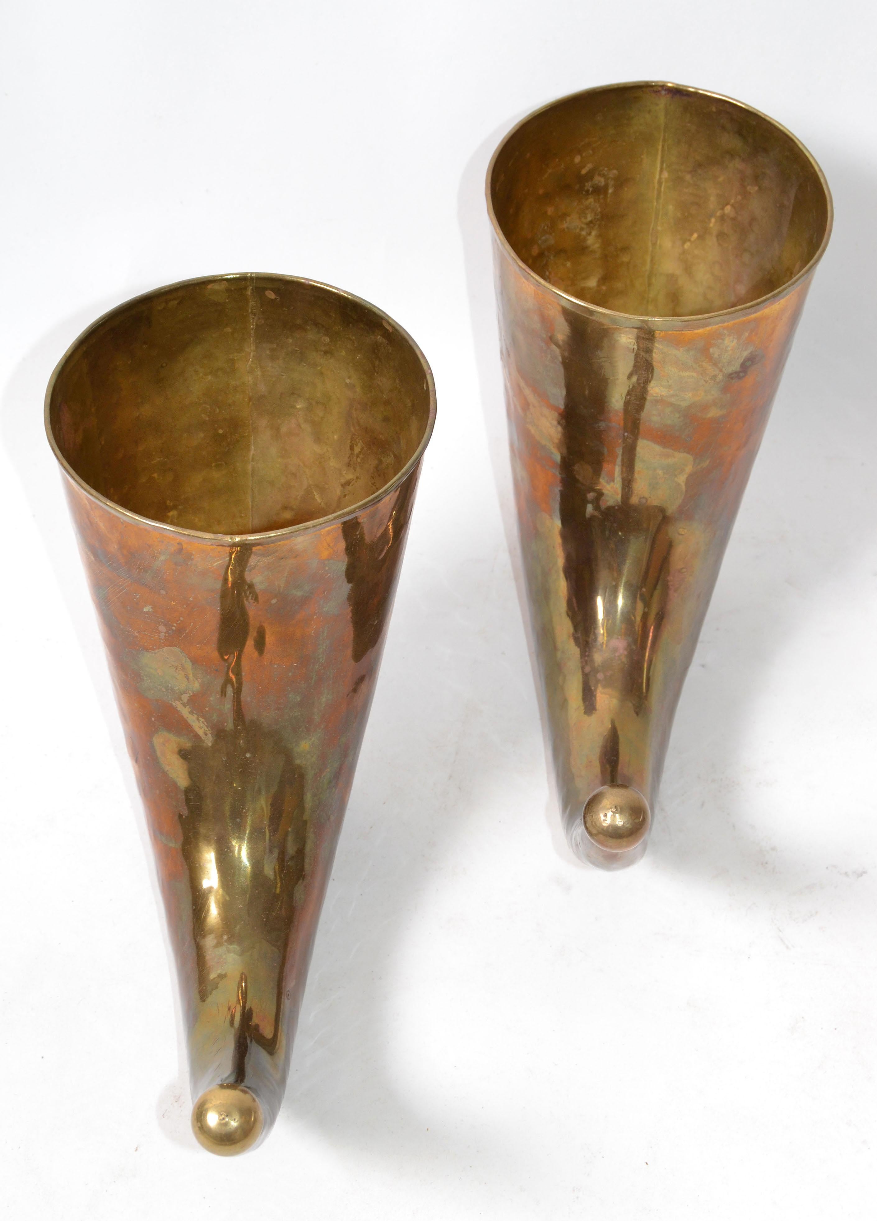 Mid-Century Modern Hand Hammered Brass Horn Sculptures, Bookends, Pair 3