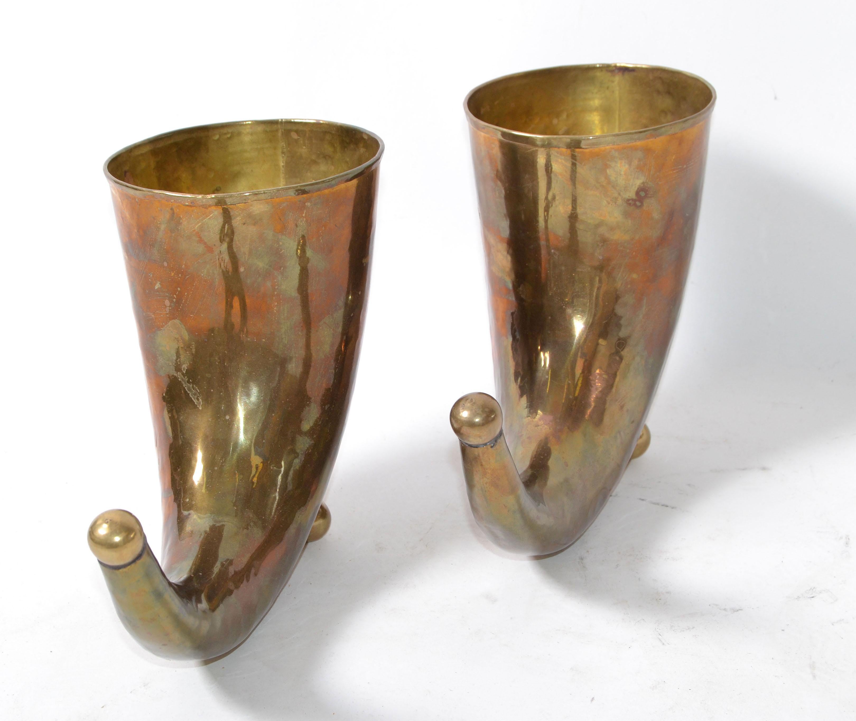 Mid-Century Modern Hand Hammered Brass Horn Sculptures, Bookends, Pair 4