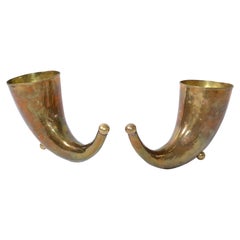 Mid-Century Modern Hand Hammered Brass Horn Sculptures, Bookends, Pair