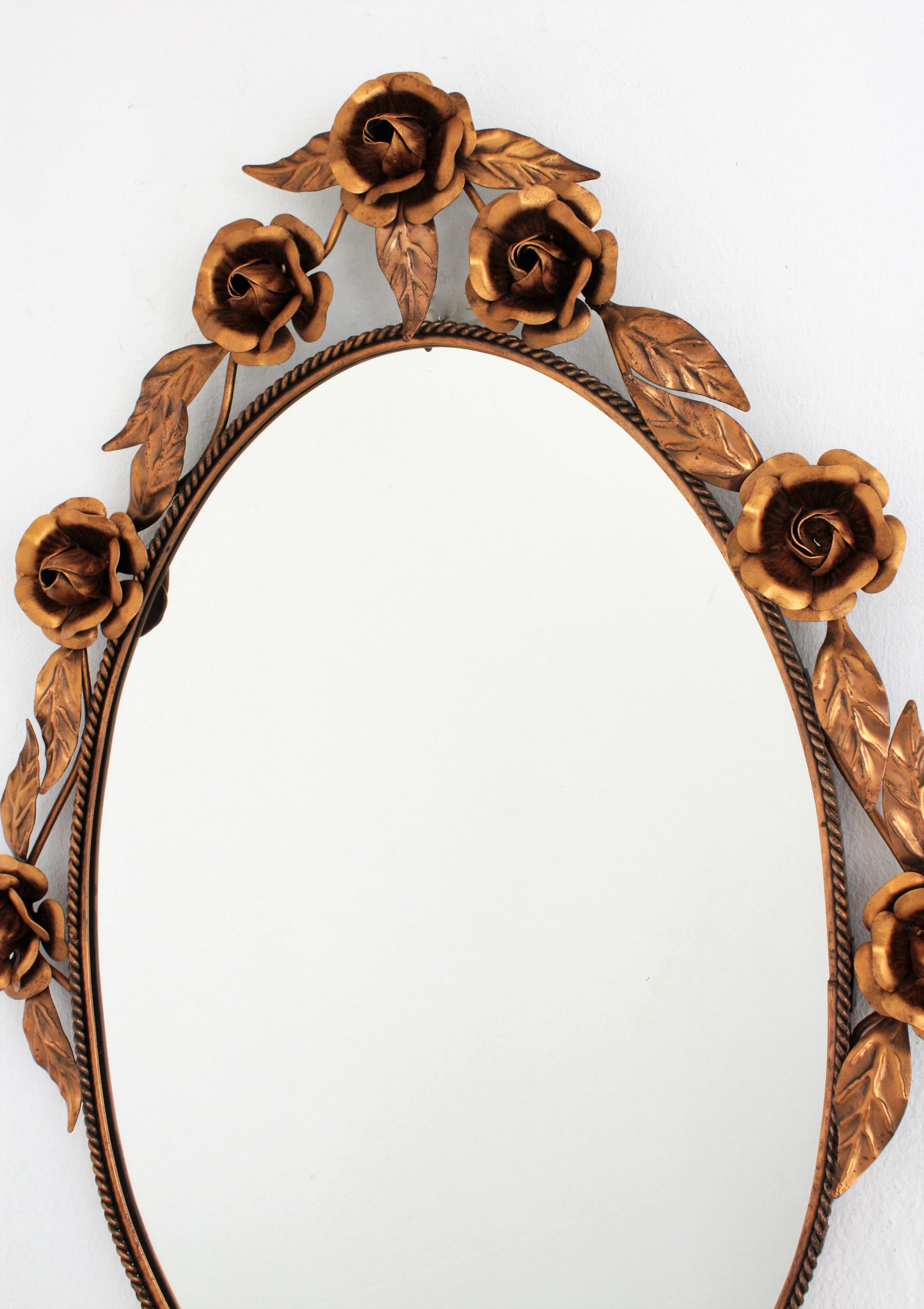 Mid-Century Modern Oval Floral Wall Mirror in Copper, 1960s For Sale