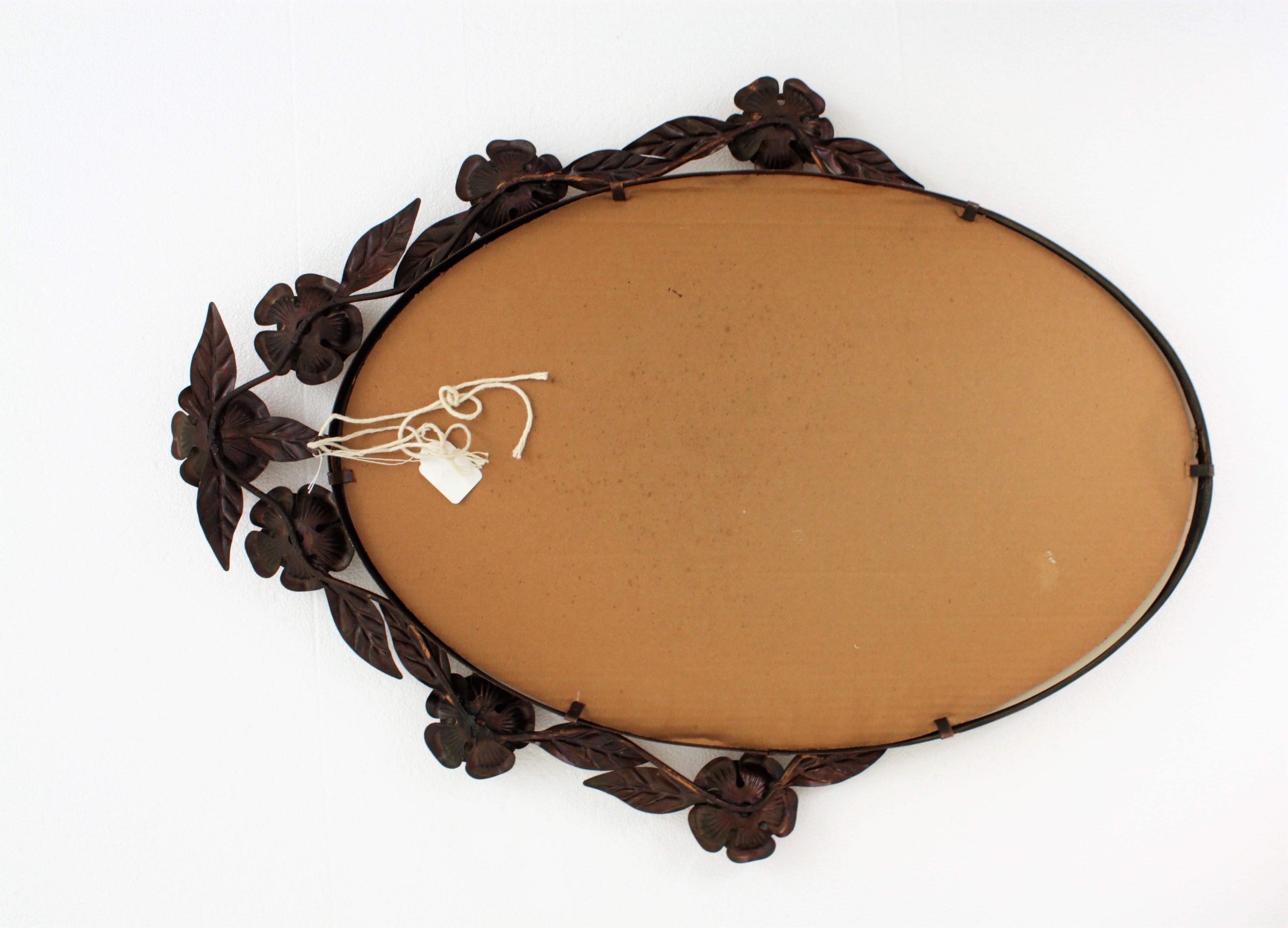 Metal Oval Floral Wall Mirror in Copper, 1960s For Sale