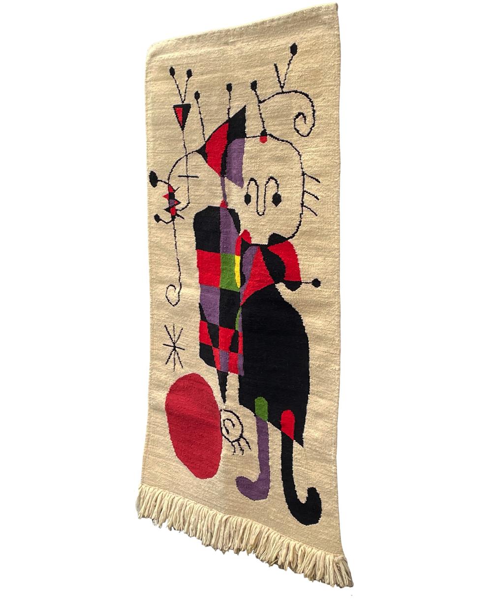 American Mid-Century Modern Hand Knotted Abstract Art Rug Wall Tapestry After Joan Miro