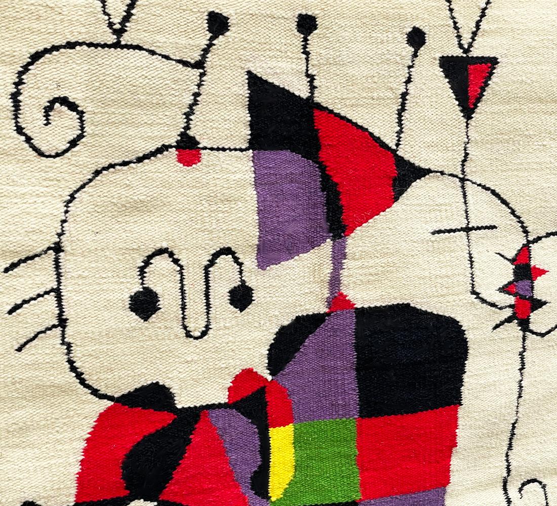 Mid-Century Modern Hand Knotted Abstract Art Rug Wall Tapestry After Joan Miro In Good Condition In Philadelphia, PA
