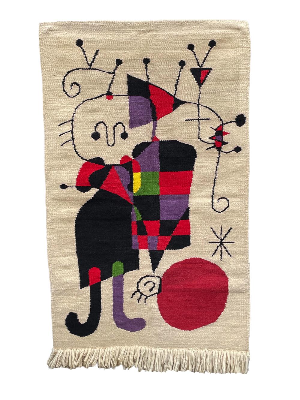 Late 20th Century Mid-Century Modern Hand Knotted Abstract Art Rug Wall Tapestry After Joan Miro